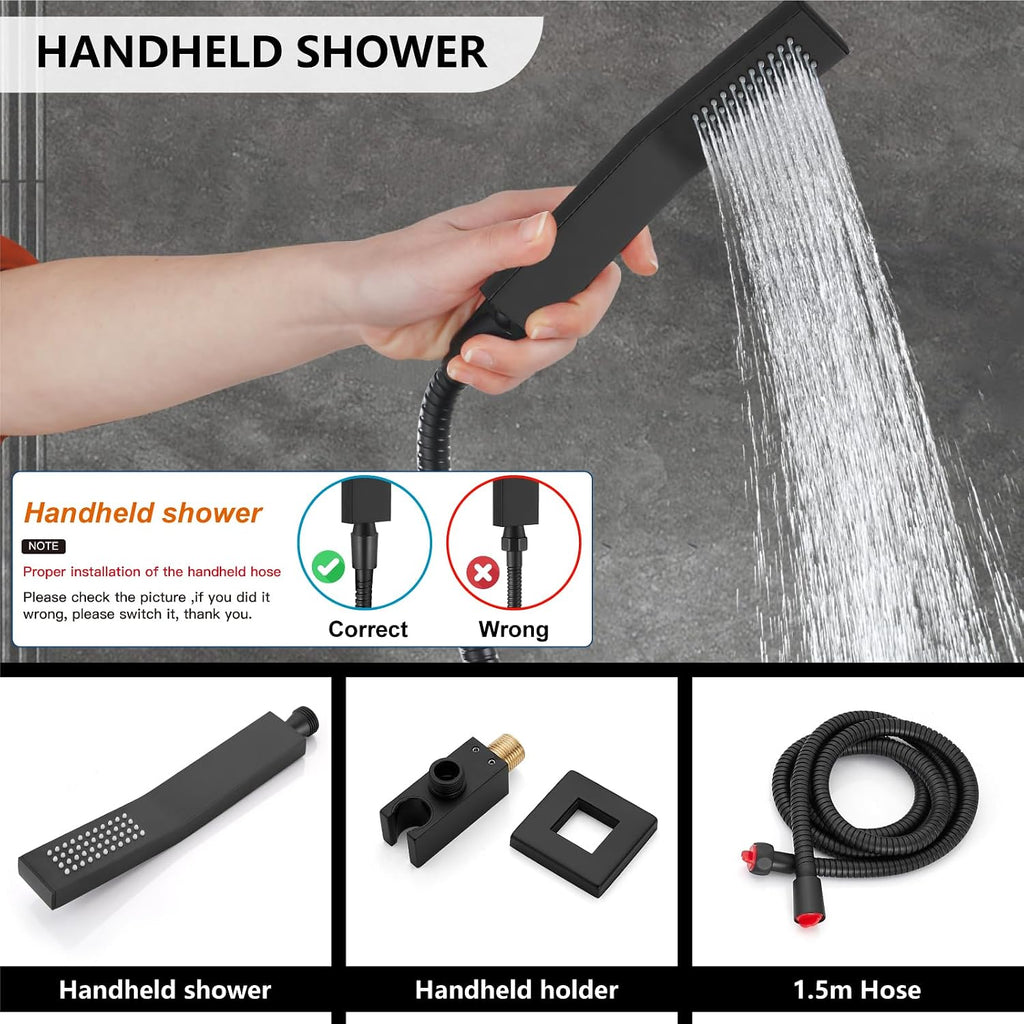Midanya Shower Faucet Set,Wall Mount Shower System with Square Rain Shower Head and Hand Sprayer, Rough-in Valve Body and Trim Kit Included,8 Inch,Matte Black