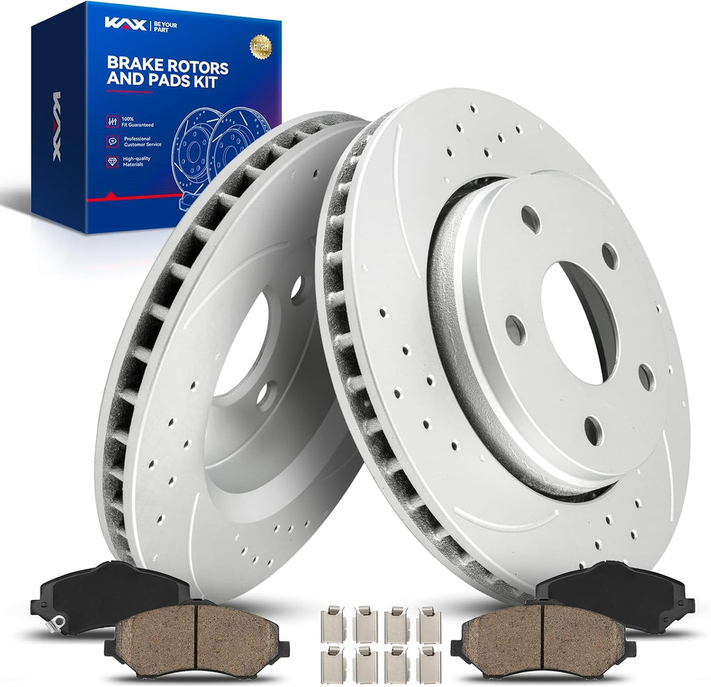 KAX Front Brake Kit Fits for Jeep Wrangler 2007 2008 2009 2010 2011 2012 2013 2014 2015 2016 2017, Wrangler JK 2018, Drilled & Slotted Brake Rotors Ceramic Brake Pads Replacement Kit