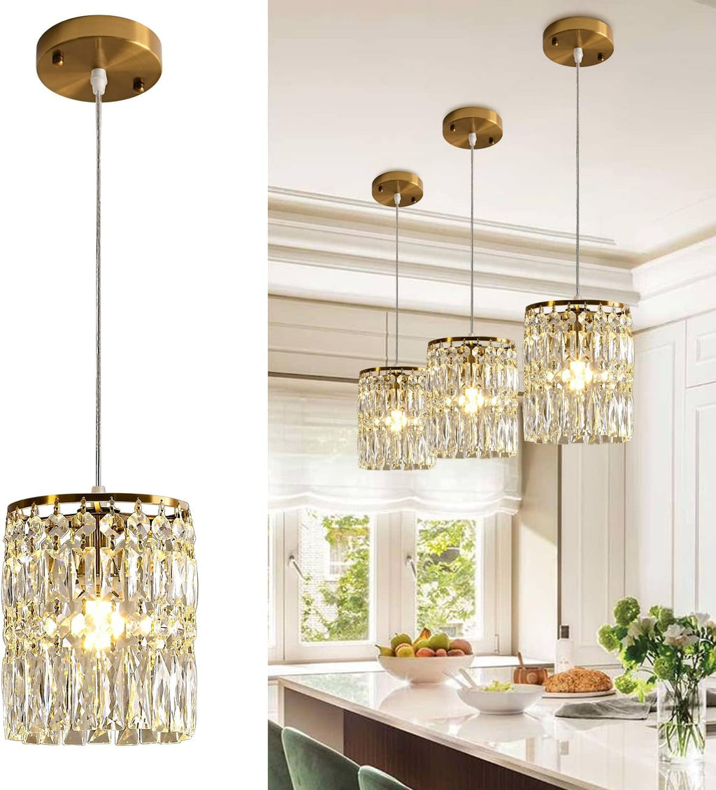 Modern Crystal Pendant Light for Kitchen Island Height Adjustable Gold Chandeliers Light Fixture Hanging Ceiling Lights for Hallway Dining Room Bedroom Living Room Compatible with E26 Bulb (2-Pack)