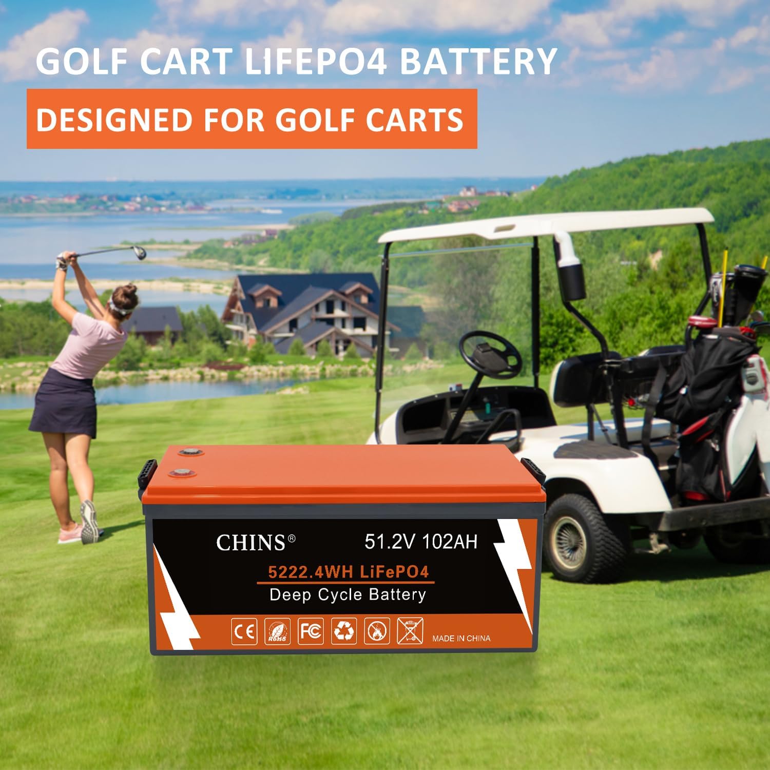 CHINS 48V Lithium Golf Cart Battery, 200A BMS, with Touch Monitor and Retention Strap, 5000+ Cycles 48V 102AH Lithium Battery with Charger Perfect for Golf Carts
