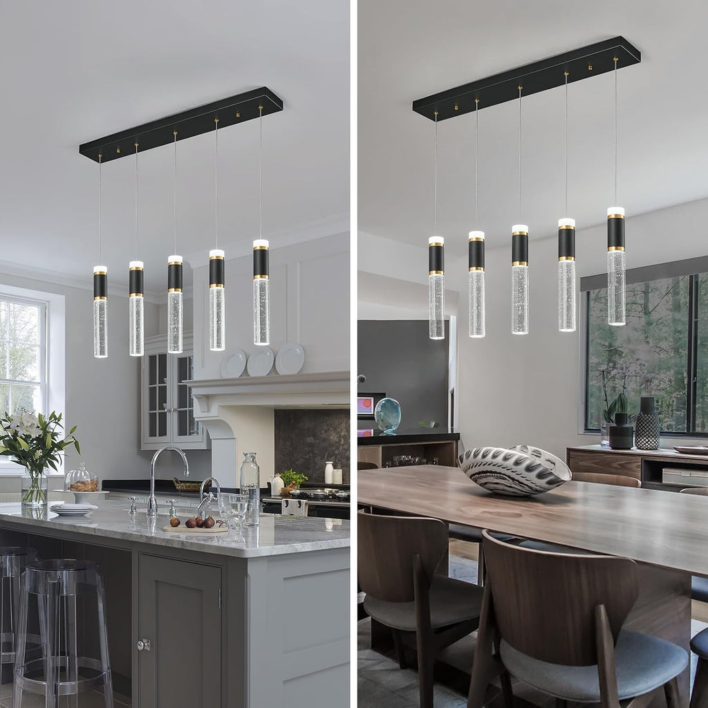 Pendant Lights Kitchen Island, Dimmable LED Pendant Light Fixtures, Black Gold Pendant Light Modern with Bubble Crystal Pendant Light, Pendant Lighting for Kitchen Island Dining Room 5-Light