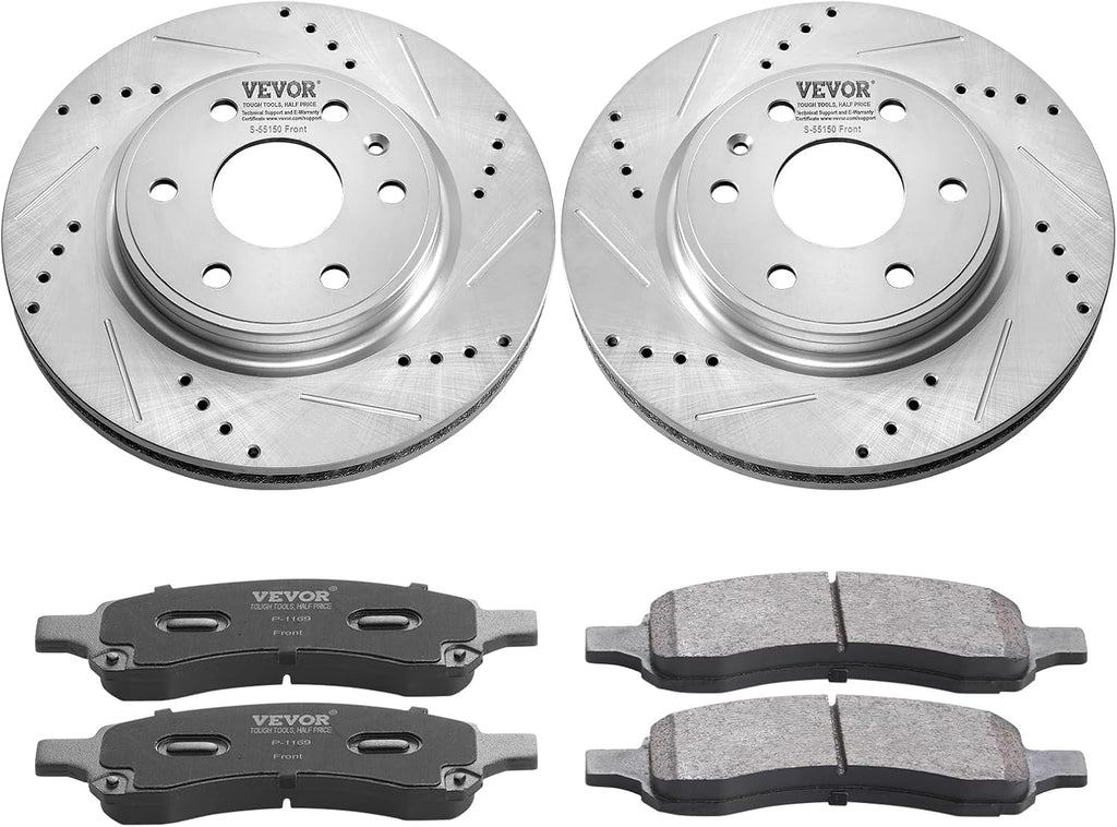 VEVOR Front Brake Kit Compatible with 2007-2017 Chevy Traverse, Buick Enclave, GMC Acadia, Saturn Outlook, Drilled and Slotted Brake Rotors Ceramic Brake Pads Replacement Kit, 12.8' Front Rotors