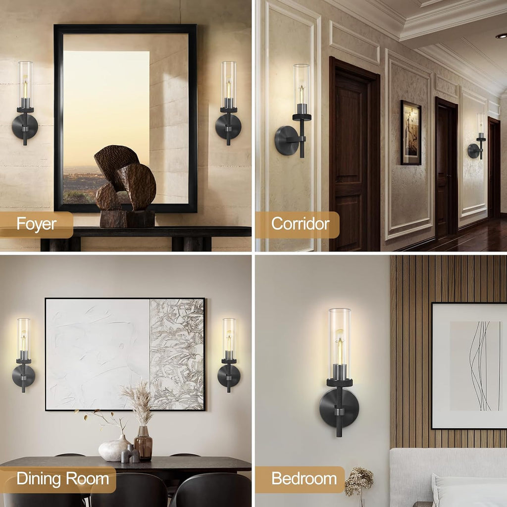 Black Wall Sconces Set of Two, 14' Bathroom Vanity Sconce Light, Glass Tube Wall Sconces, Sconces Wall Lighting Indoors, Wall Lights for Mirror, Living Room, Bedroom, Hallway (including bulb)