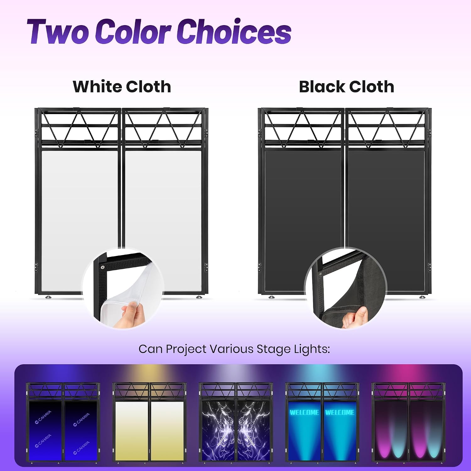 CAHAYA DJ Booth Stand Portable - DJ Table Facade for Laptop Double Top Storage Height Adjustable with Black & White Scrims DJ Stand Foldable with Storage Bag, Cable Holes, 40.7' L x 19.7' W, Black