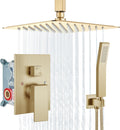 Aolemi Ceiling Mount Shower System Rain Shower Head with Handheld Spray High Pressure Shower Faucet Set Rough-in Valve Shower Trim Kit Included Bathroom Brused Gold 12 Inch Ceiling Shower Head