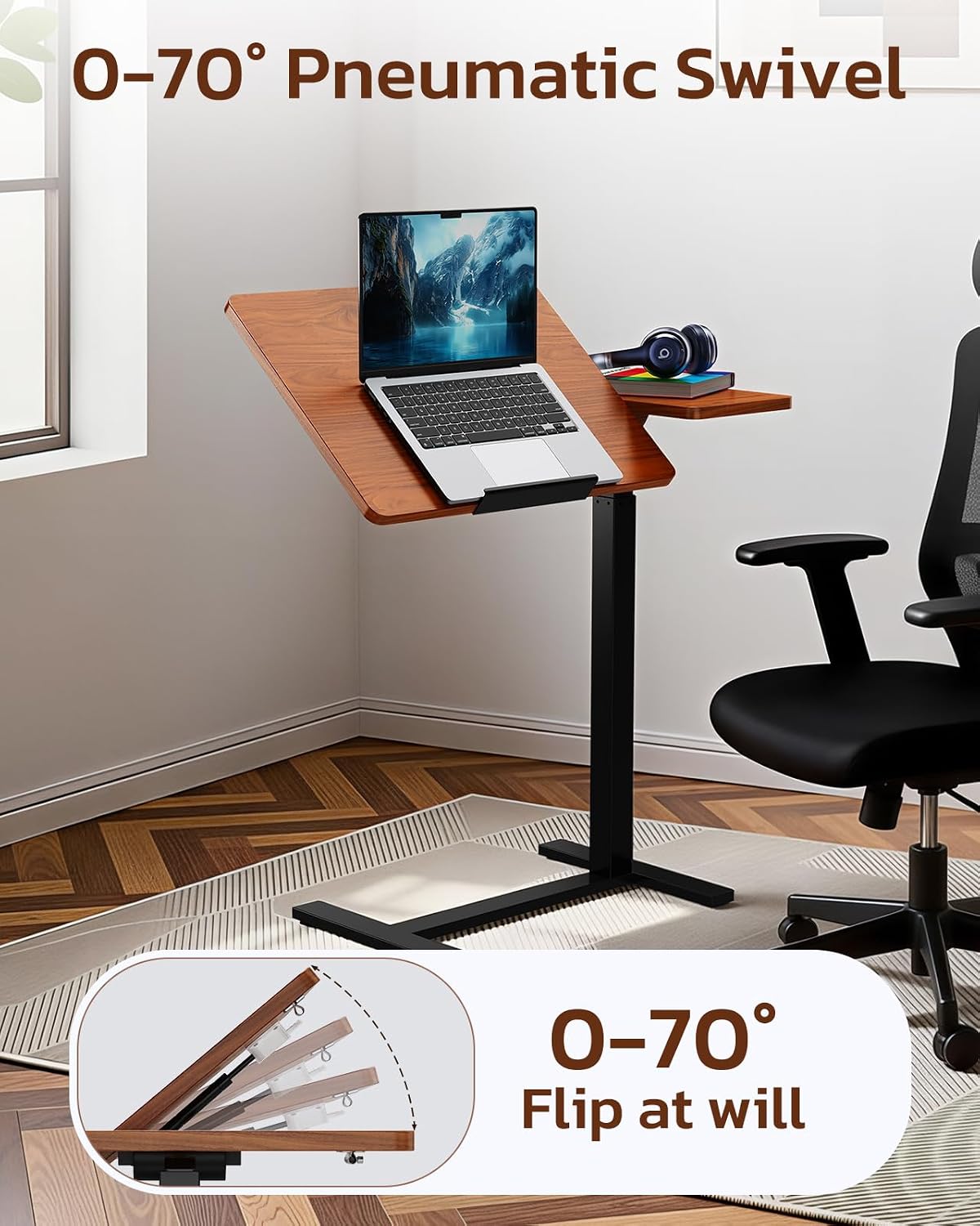 Small Standing Desk Rolling Table with Hidden Casters, Adjustable Height Laptop Mobile Stand Desks, Portable Computer Workstation with Tiltable Desktop for Teacher Classroom Home Office, Brown