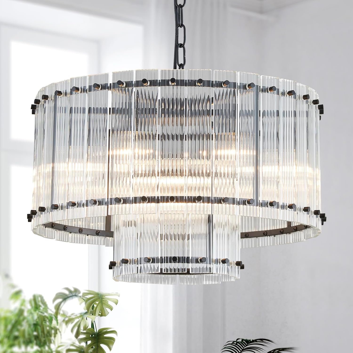 Saint Mossi Black Drum Chandelier Light Fixture, Doule Layer Middle Century Modern Design, with 7-Light, D18 x H10, Adjustable 59' Chains, Glass Shade & Black Metal Frame