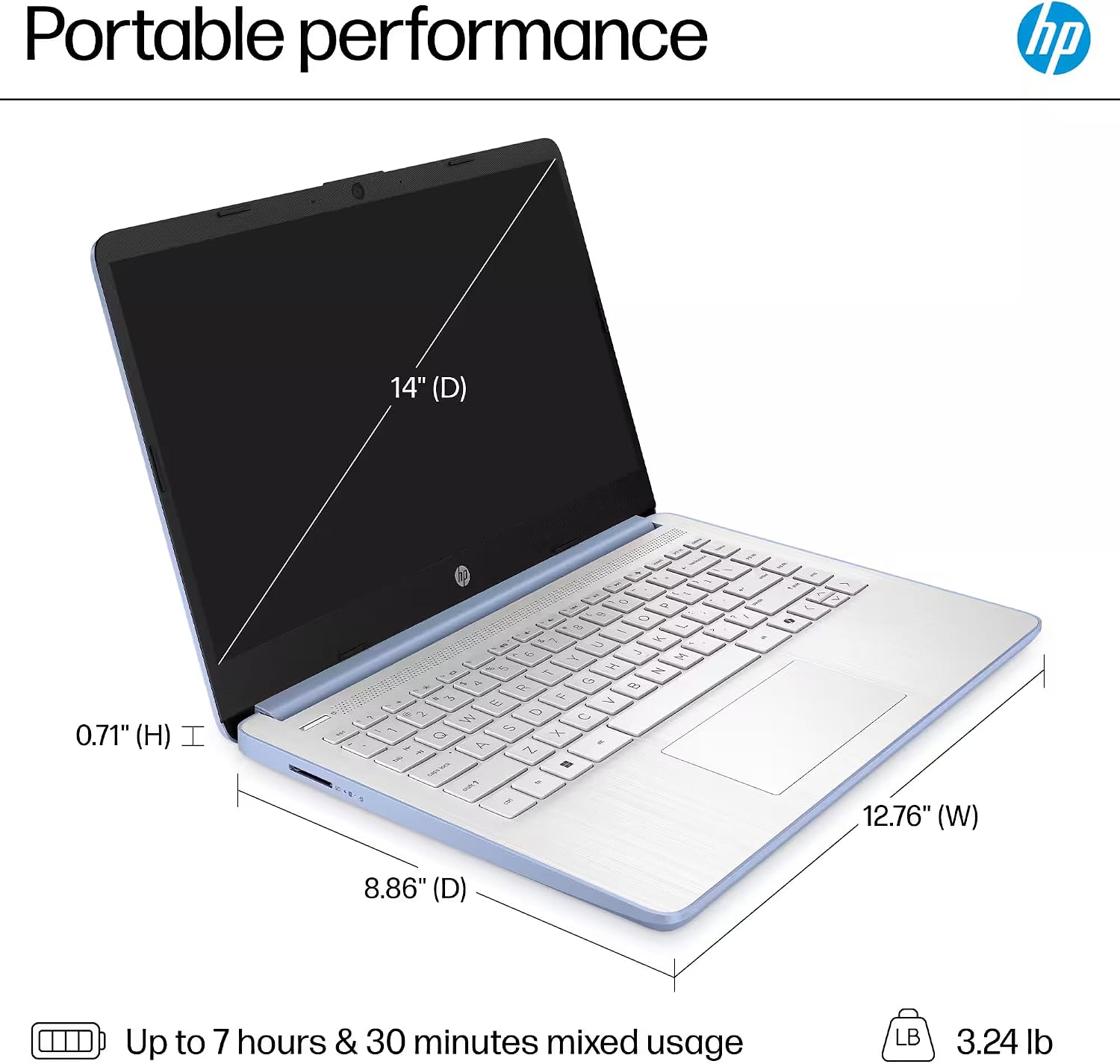 HP 14' Laptop 2025 Business Student Slim Computer, Lifetime MS Office, Copilot AI, Quad-Core Intel CPU, 16GB RAM, 628GB Storage (128GB UFS+500GB Ext), MarxsolAccessory, Wi-Fi 6, Win 11 Pro, Sky Blue