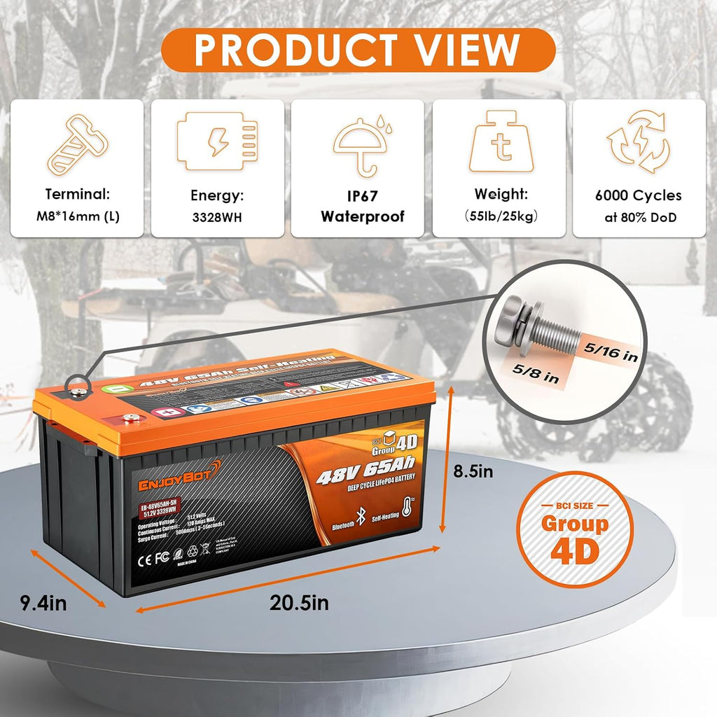 Enjoybot 48V 65Ah LiFePO4 Lithium Battery Self-Heating, Built-in 120A BMS and Bluetooth, 6000+ Cycles 10-Year Lifetime, Peak Current 500A Perfect for Golf Cart, RV, Solar, Lawn Mower, Off-Grid