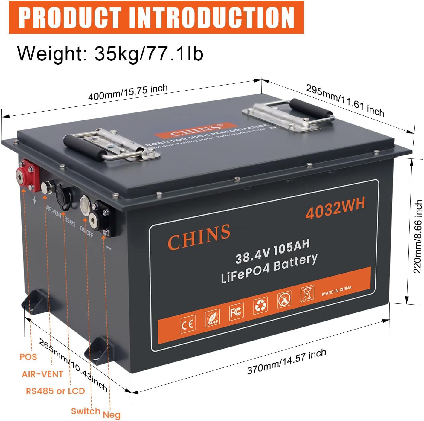 CHINS 36V Lithium Golf Cart Battery, 200A BMS - 1000A Peak Current, with Touch Monitor & Mobile APP, 4000+ Cycles 36V 105AH Lithium Battery with 25A Charger, Perfect for Golf Carts, Trolling Motor