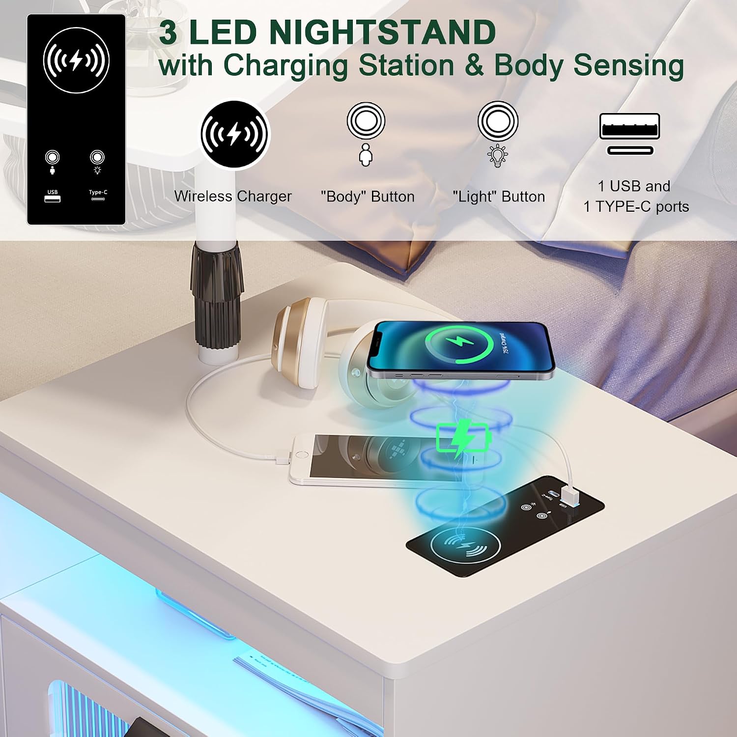 HNEBC LED Nightstand Set of 2 with Charging Station & Adjustable Overbed Desk, 3 Color LED Lights & Body Sensor, Mobile Bedside Table with Wheels, 2 Drawers & Open Shelf for Bedroom(White)