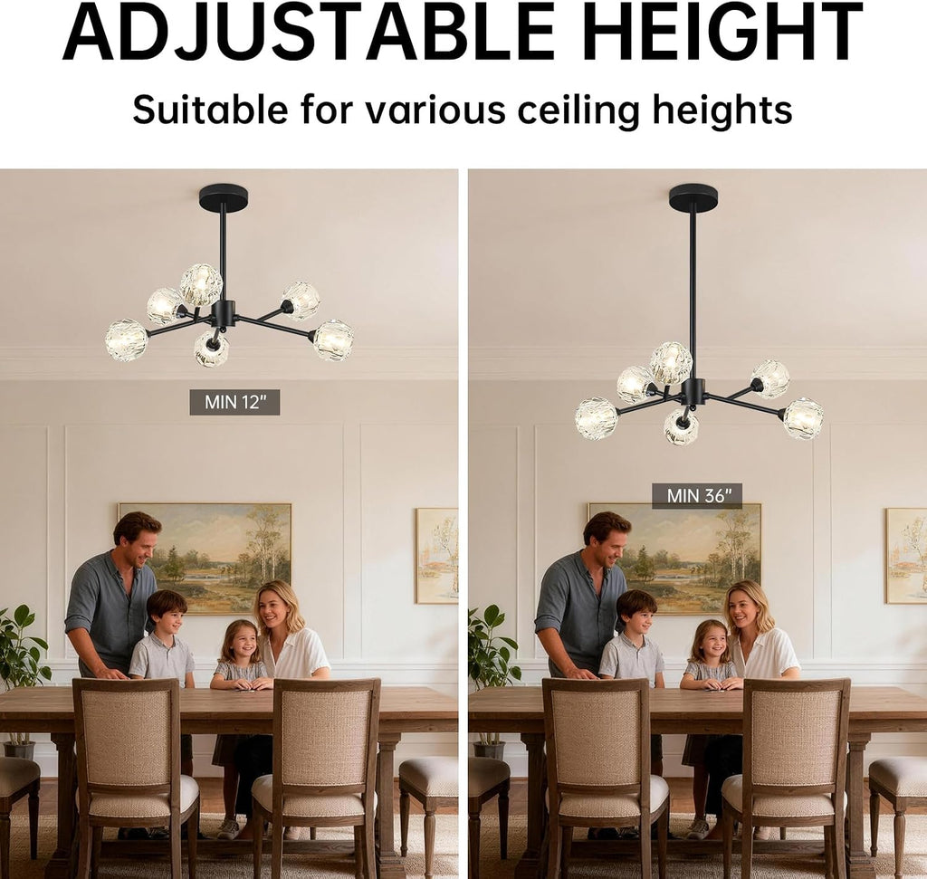 Weesalife Sputnik Chandeliers for Dining Room Light Fixture Over Table, Modern Crystal Chandeliers, 6 Lights Black Lighting Fixtures for Living Room Bedroom Kitchen Island