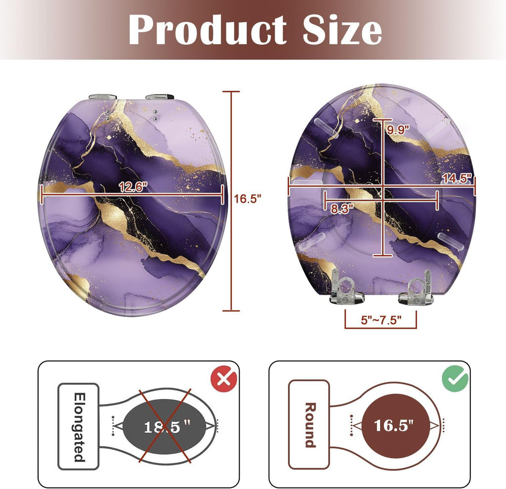 Round Toilet Seat Purple marble gold stripes alcohol ink Luxury violet black watercolor Resin Toilet Seat Slow Quiet Close Lid with Quick-Release Hinges Cover Bumpers Easy to Clean Install