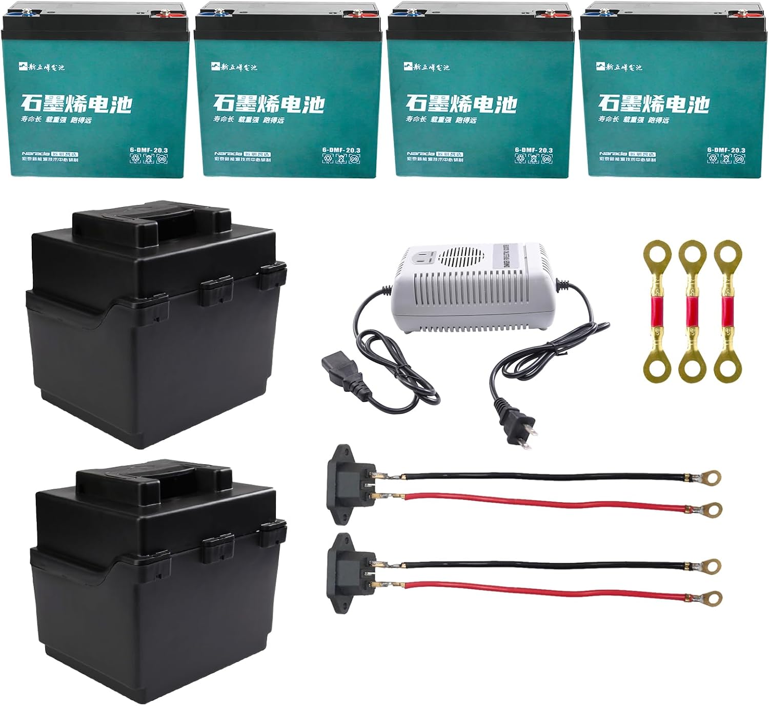 4pcs 12V 20Ah Battery 6-DMF-20 Maintenance Free Sealed AGM Motorcycle Battery with 48V Charging Port, Connect Cables, Storange Box for Electric Go Kart ATV UTV Quad Golf Cart Lawn Mower Snowmobile