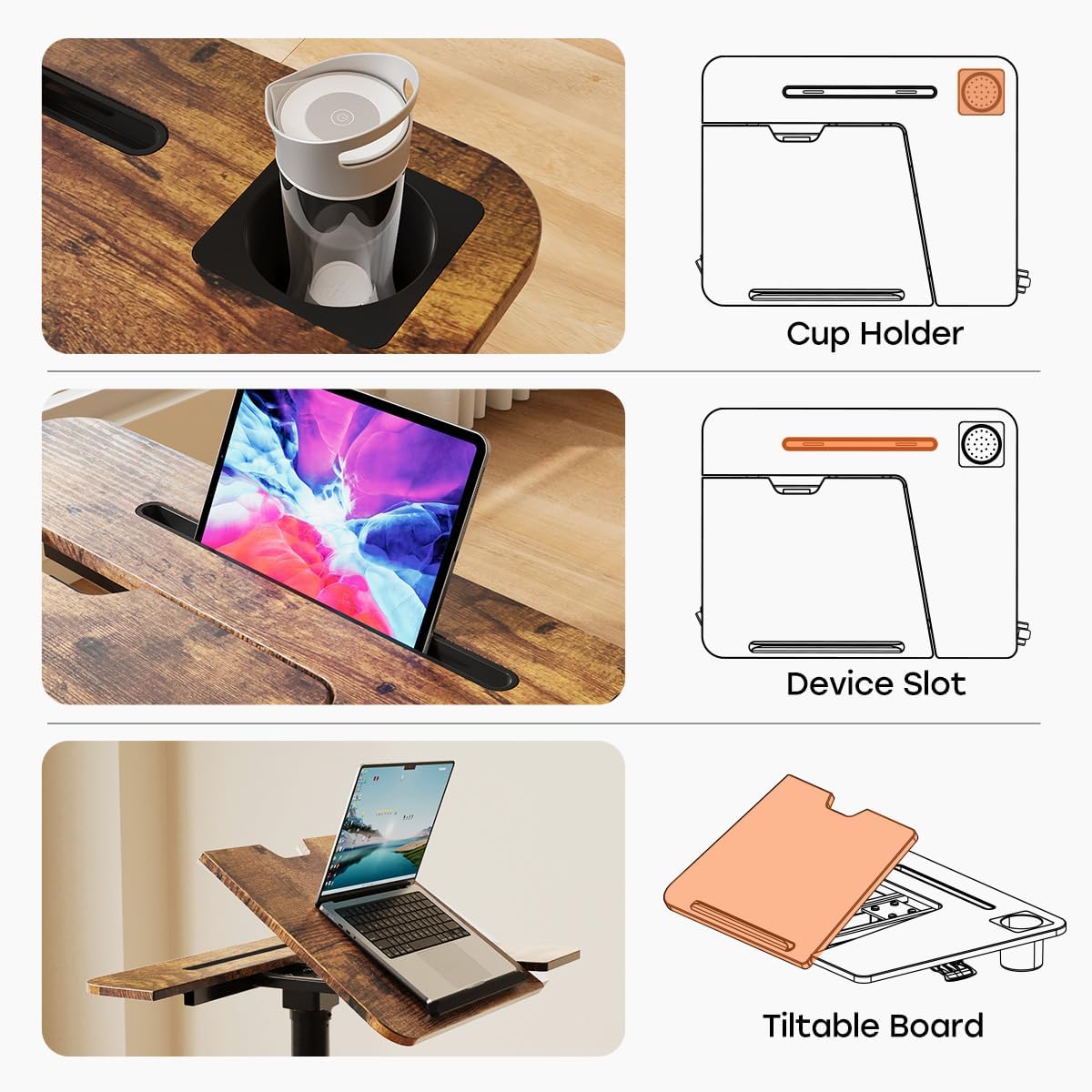 JOY worker Mobile Standing Desk, Height Adjustable Table, 60° Tiltable Rolling Laptop Desk, Portable Sit Stand Desk with Wheels Cup Holder for Bed Couch Hospital, Holds Up to 22lbs, Rustic