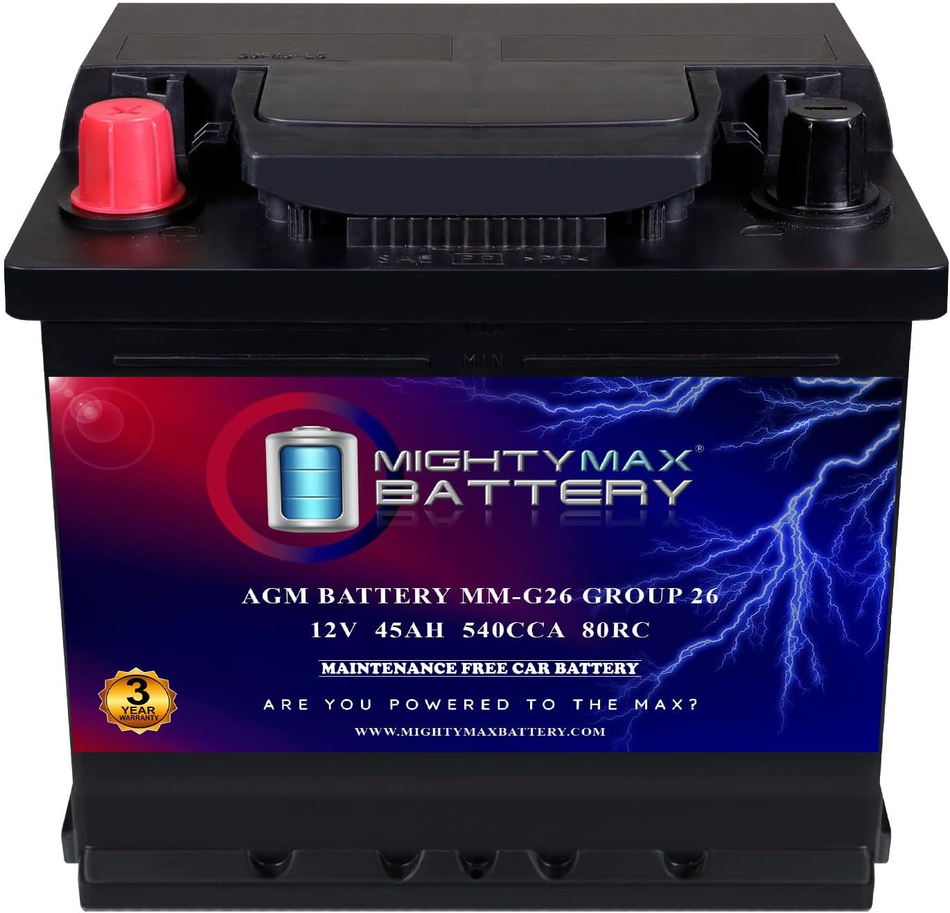 Mighty Max Battery MM-G26 BCI Group 26 12V 45AH, 80RC, 540 CCA, Rechargeable SLA AGM Battery