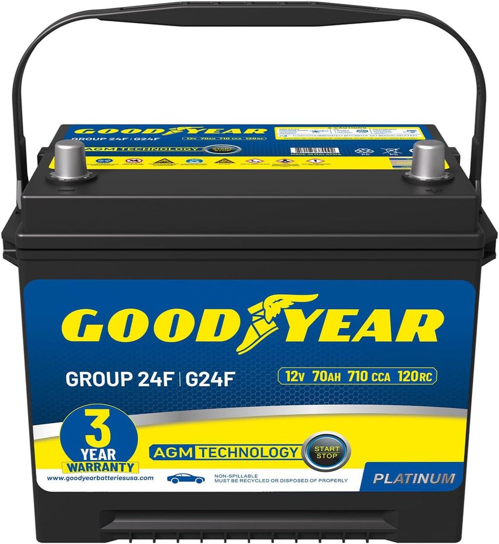 Goodyear 24F-AGM BCI Group Size 24F 12V 70 AH, 120RC, 710 CCA Platinum series Rechargeable AGM Maintenance Free Automotive Battery