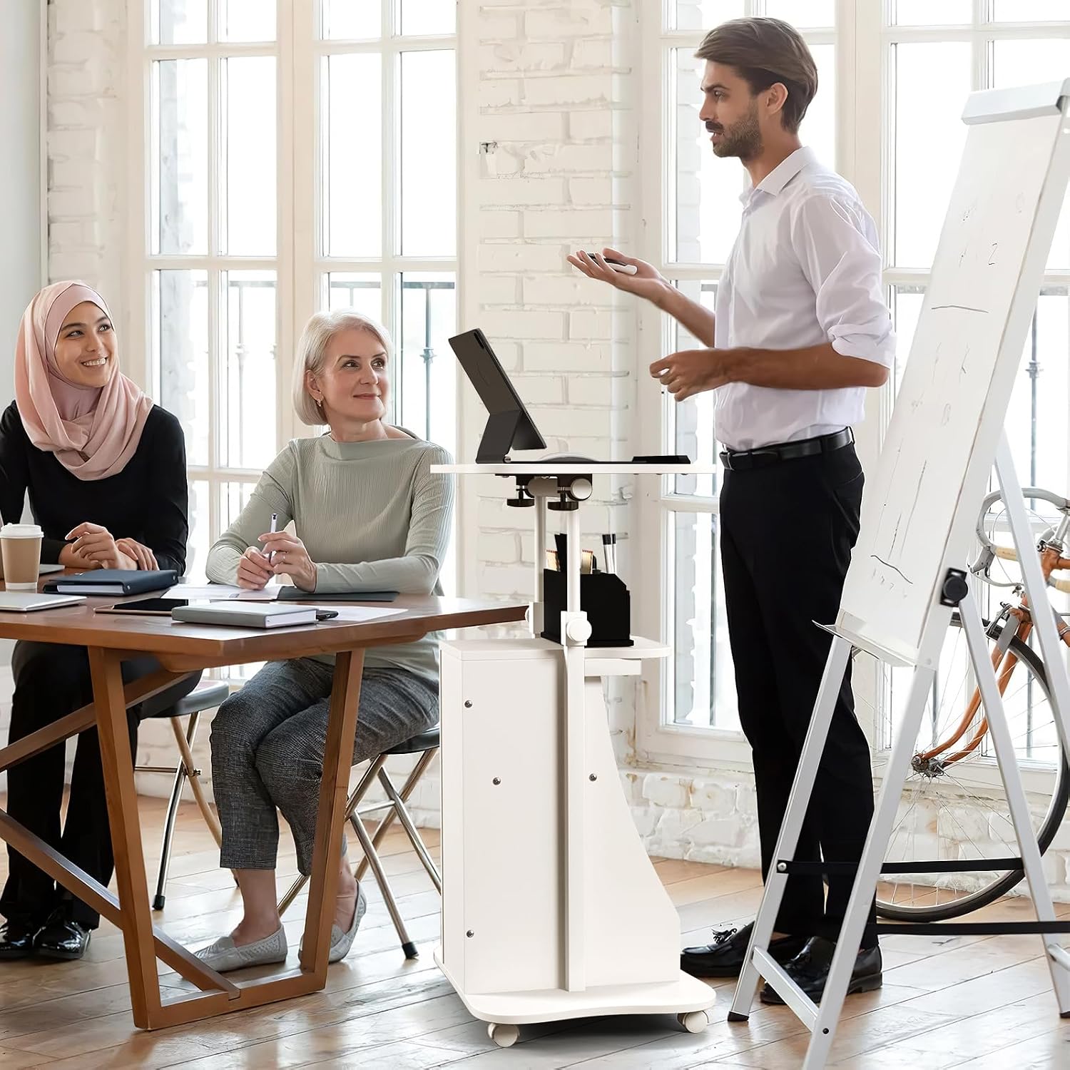 Giantex Mobile Podium Stand, Sit-to-Stand Laptop Cart with Tilting Tabletop & Storage Cabinet, Lockable Casters, Height-Adjustable Rolling Lectern for Classroom, Church, Home Office (White, 2 Pack)