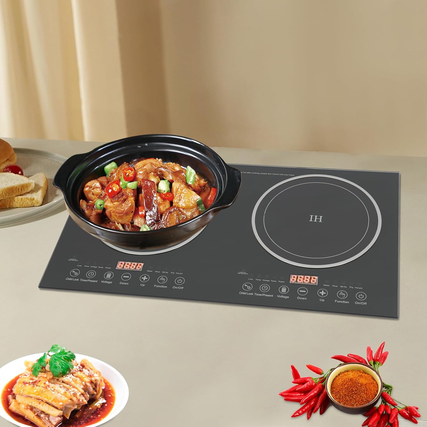 Induction Cooktop 2 Stoves, 110V 1200W+1200W, 8 Gears Firepower Regulation, Tabletop Stove Top with LED Display and Adjustable Temperature, Electric Hot Plate Crystal Cooktop for Kitchens