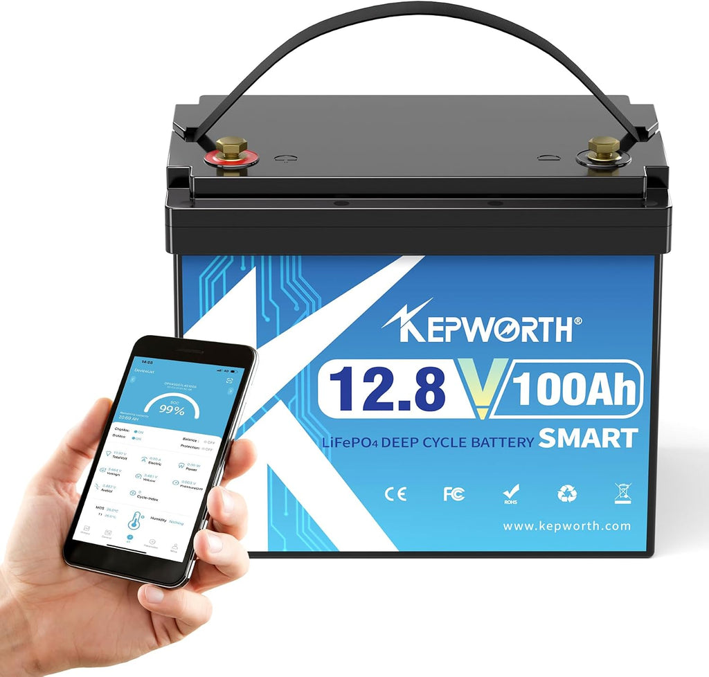 KEPWORTH 12.8V 100Ah Lithium Battery Bluetooth, Rechargeable Deep Cycle LiFePO4 Batteries BCI Group 24,100A Smart BMS, Perfect for Solar, Boat, RV, Backups, Motorhome, Trolling Motor