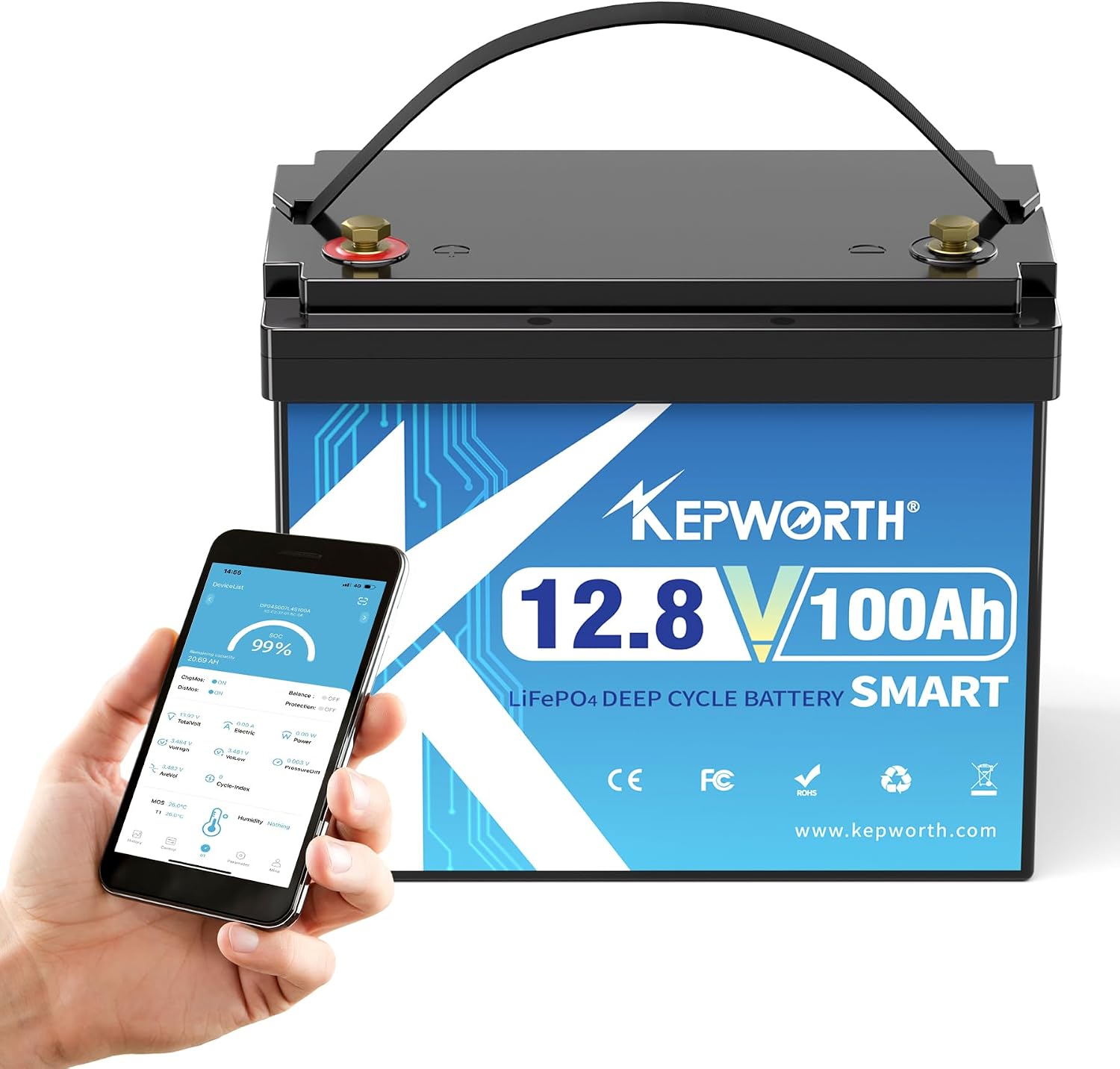 KEPWORTH 12.8V 100Ah Lithium Battery Bluetooth, Rechargeable Deep Cycle LiFePO4 Batteries BCI Group 24,100A Smart BMS, Perfect for Solar, Boat, RV, Backups, Motorhome, Trolling Motor