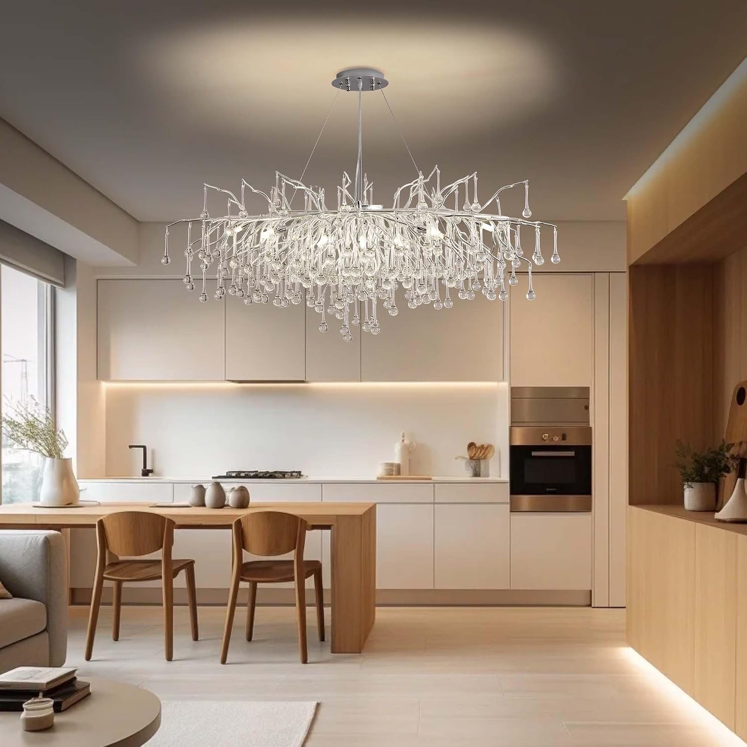 Modern Crystal Raindrop Chandelier, L40'' Silver Linear Rectangle Art Deco Tree Branch Lighting Fixture for Kitchen Island Living Room Foyer Staircase 10 Lights
