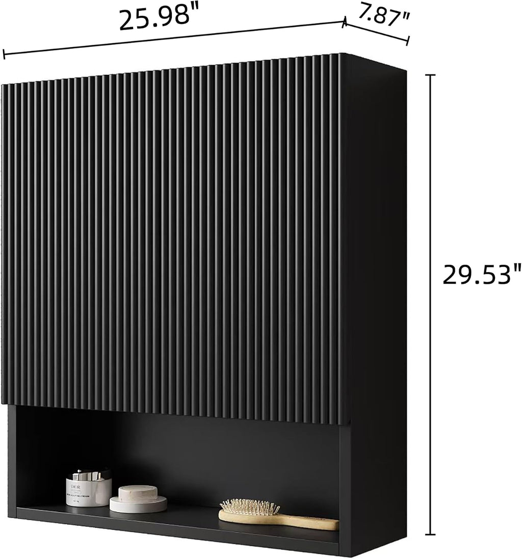 26' Wall-Mounted Striped Bathroom Cabinet, with Doors, Shelf and Open Storage Compartment Over The Toilet Storage Cabinet for Bathroom, Kitchen, Laundry Room, Black