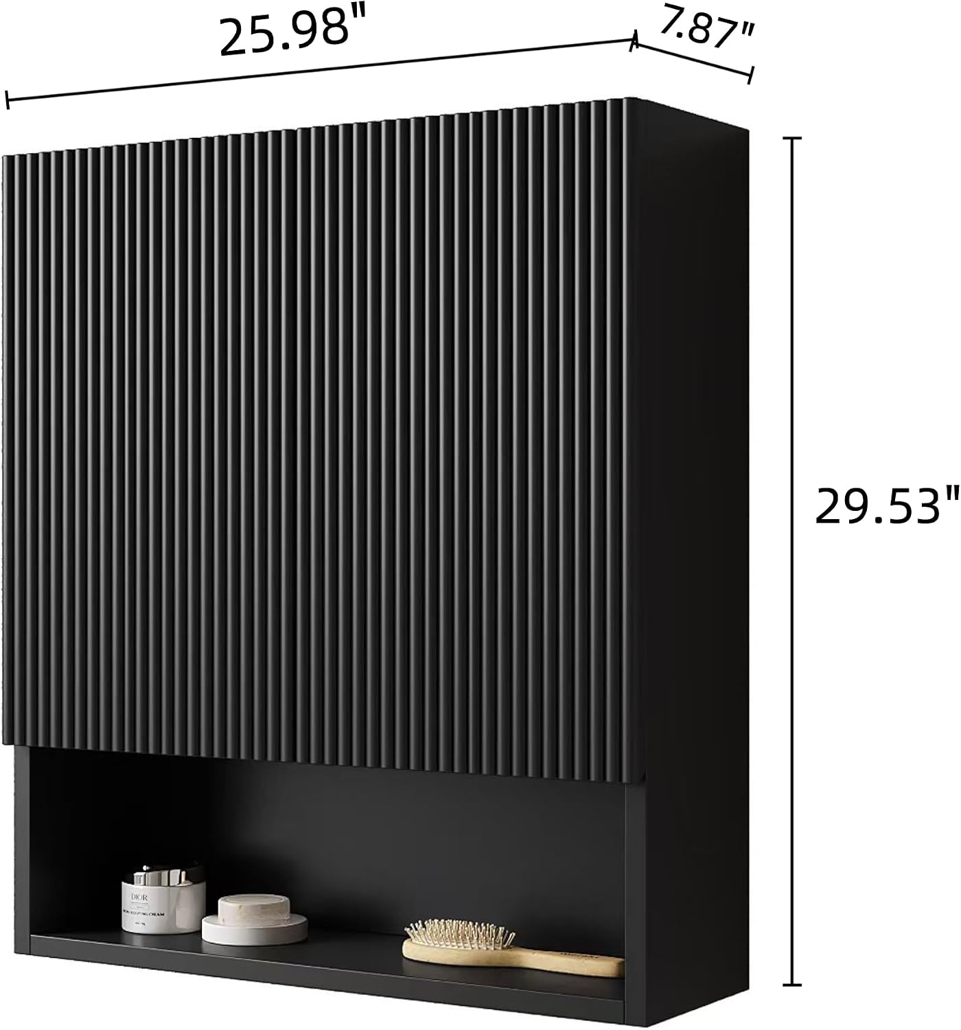 26' Wall-Mounted Striped Bathroom Cabinet, with Doors, Shelf and Open Storage Compartment Over The Toilet Storage Cabinet for Bathroom, Kitchen, Laundry Room, Black