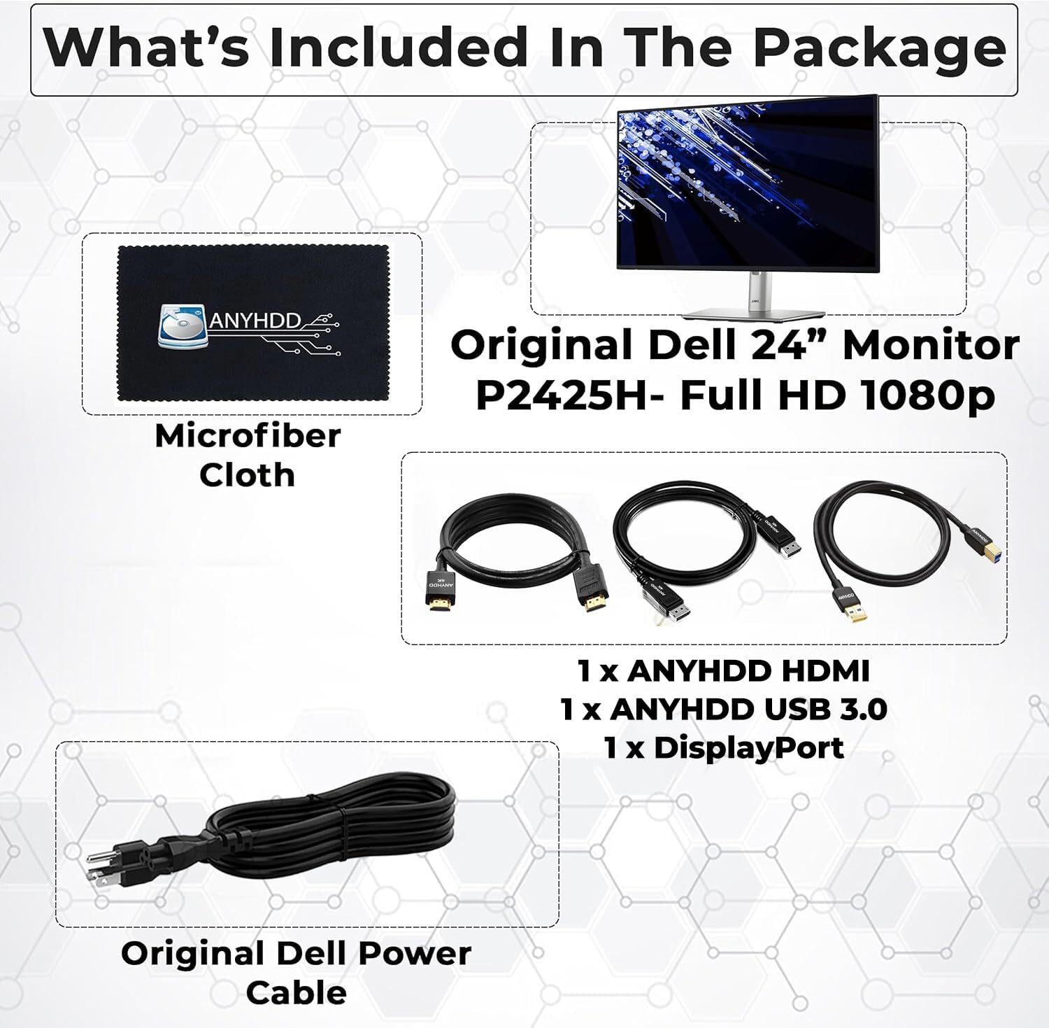 Dell P2425H Computer Monitor Screen 24' 16:9 IPS Display with Stand - 1 Year Warranty, 100Hz Full HD, 1920 x 1080 with Power Cable, Anyhdd DisplayPort, HDMI, USB 3.0 Upstream Cable & Cloth - New