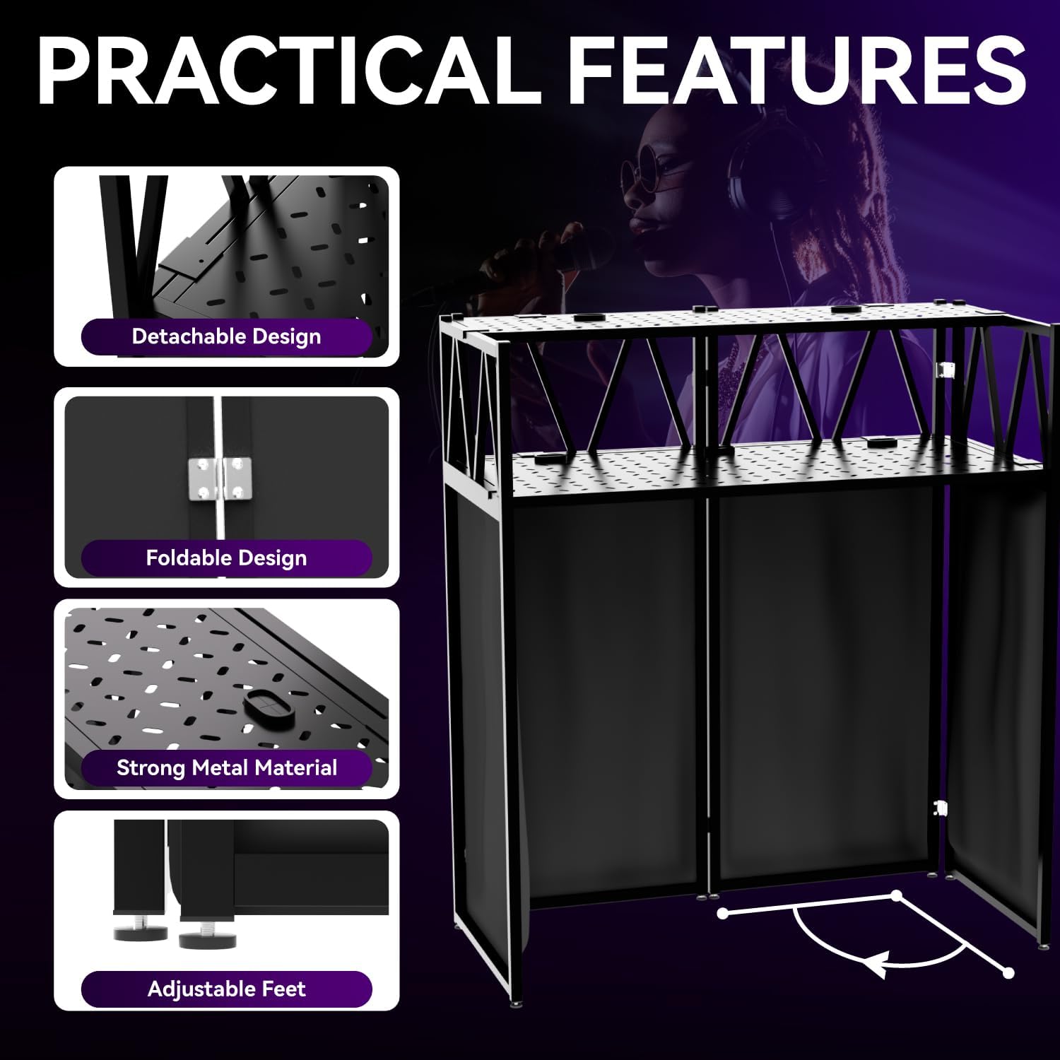 DJ Facade Booth Portable DJ Booth Table, Folding 2-Tier Workstation Table with Cable Management Holes, Adjustable Leveling Feet, Black & White Scrim Panels for Wedding Party Events(Upgrade)