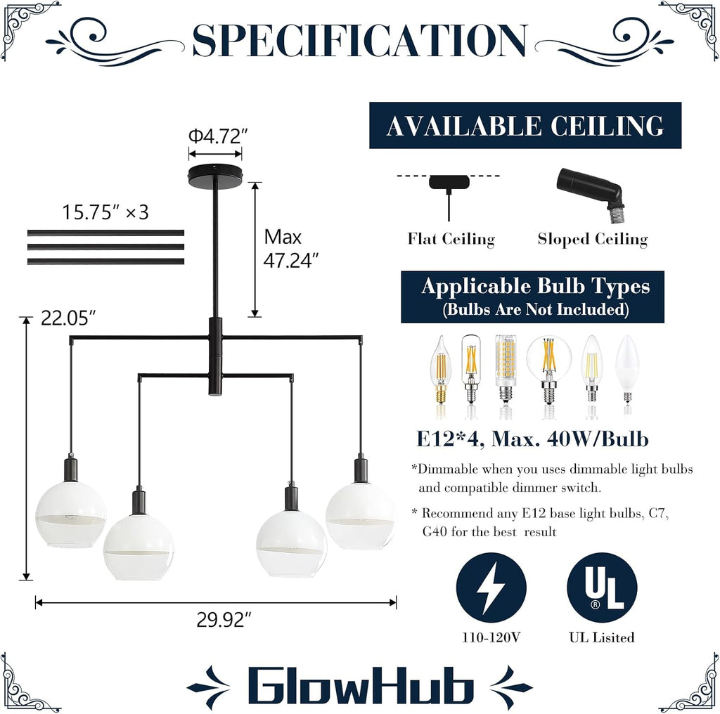 GlowHub Modern Black Chandelier with Milk White Glass Globe Shades 30' 4-Light Pendant Light Mid-Century Sputnik Chandelier Cluster Hanging Light Fixture for Dining Room Entryway Kitchen