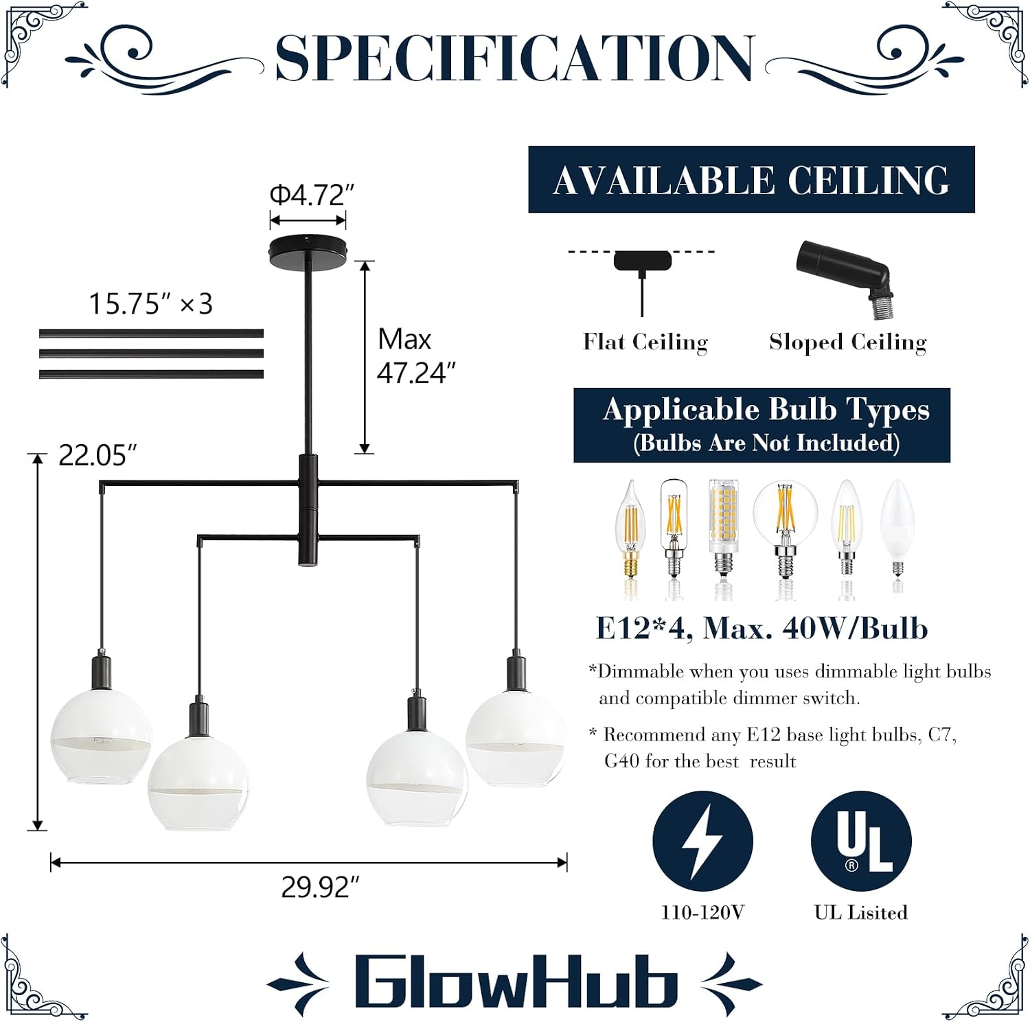 GlowHub Modern Black Chandelier with Milk White Glass Globe Shades 30' 4-Light Pendant Light Mid-Century Sputnik Chandelier Cluster Hanging Light Fixture for Dining Room Entryway Kitchen