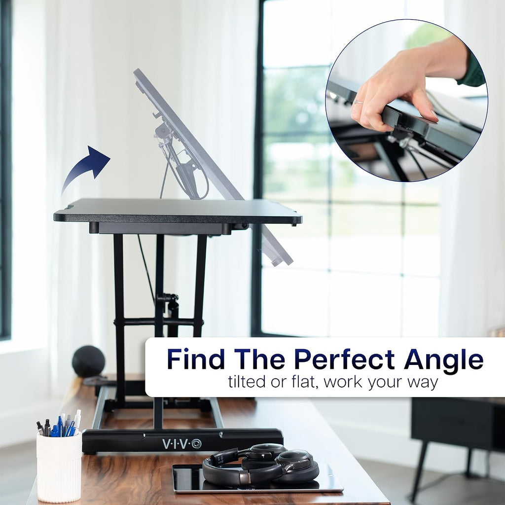 VIVO 36 inch Height Adjustable Tilting Stand Up Desk Converter, Quick Sit to Stand Single Top Keyboard Riser, Laptop Workstation, Drafting Table, Ergonomic Typing, Black, DESK-V036T