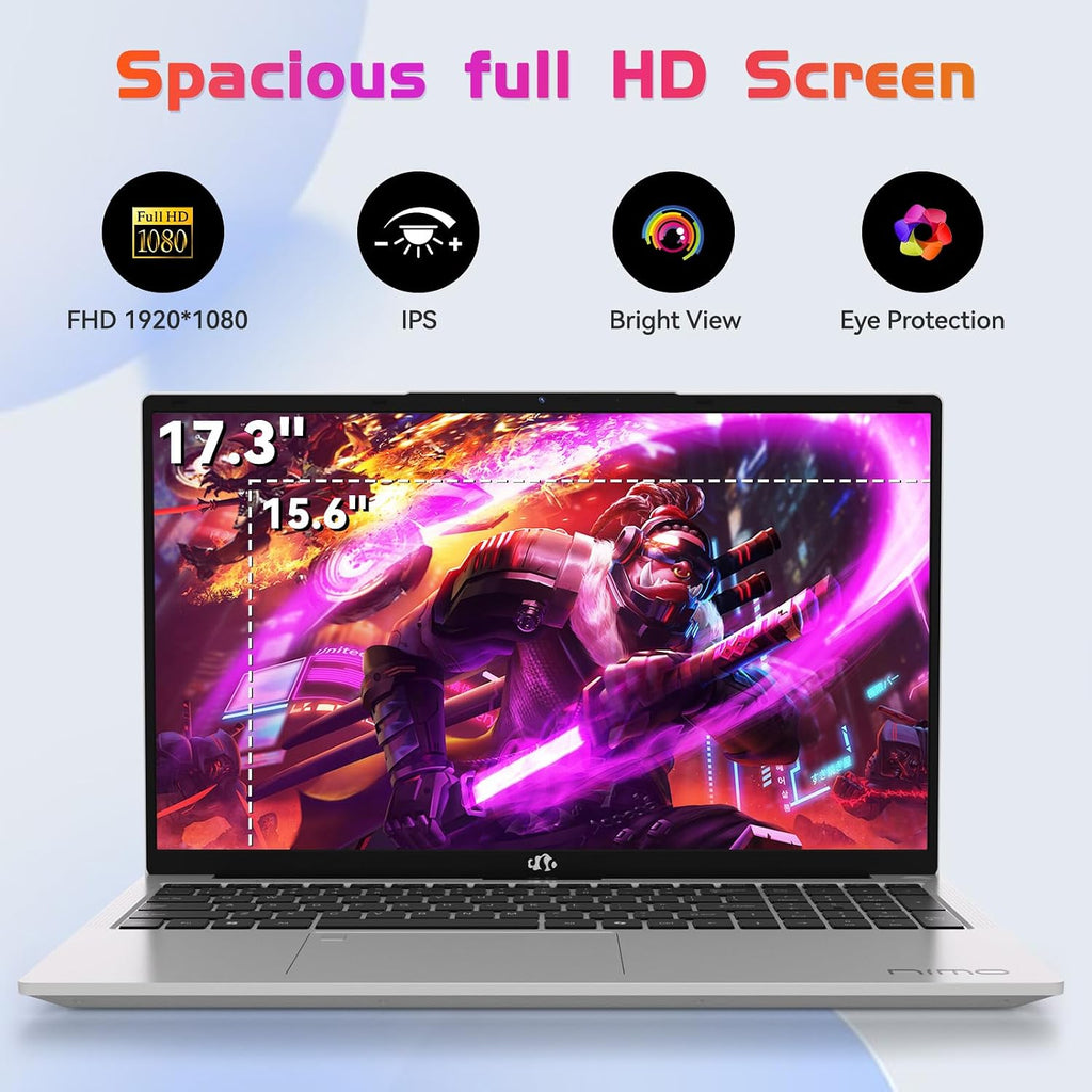 NIMO 17.3' IPS FHD Laptop, Intel 6 Cores i3-1215U 16GB RAM 512GB SSD (Beat Ryzen 5 7520U, Up to 4.4GHz) Computer with 65W Type C Backlit Keyboard Fingerprint, for Home Student and Business
