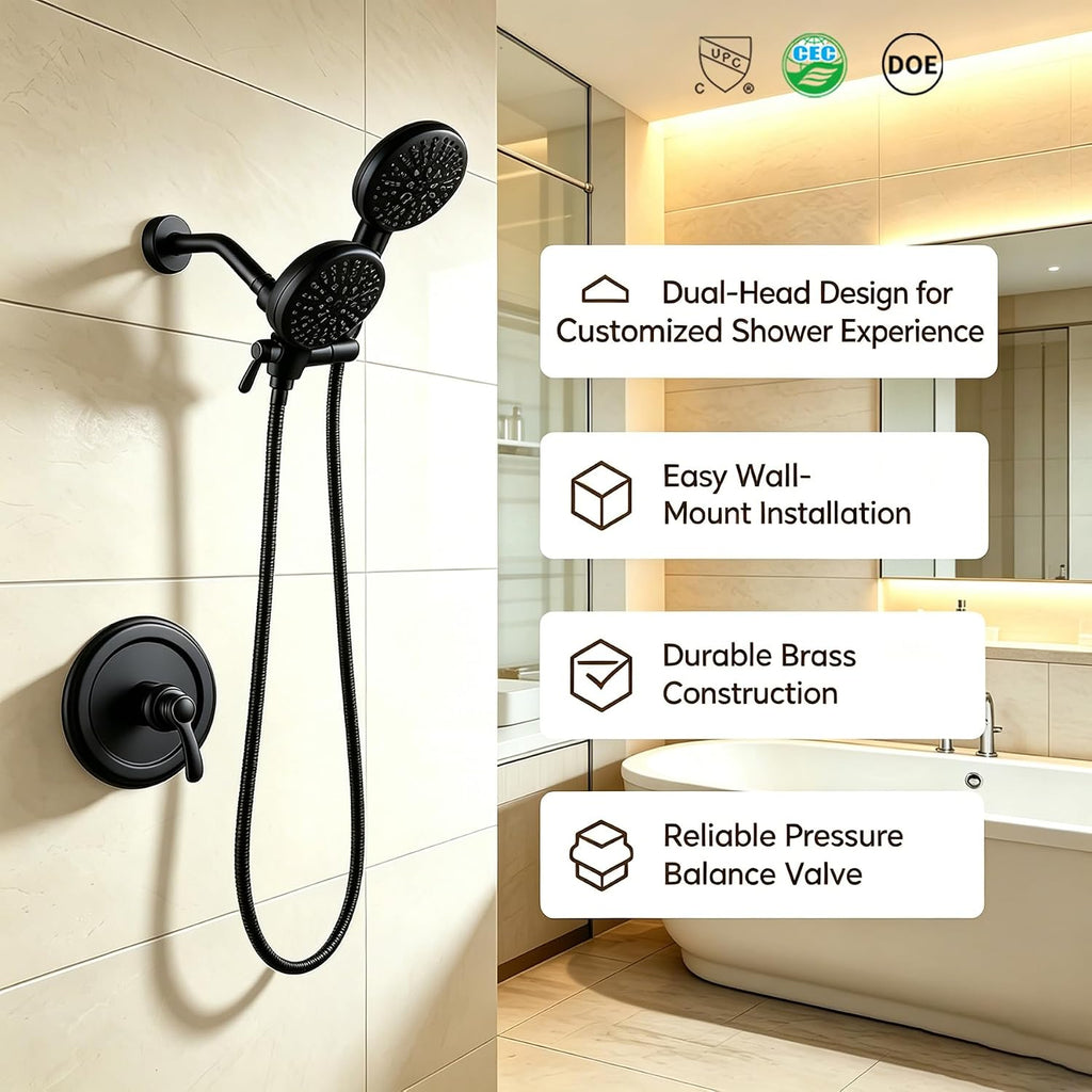 Dual Shower Head with Handheld Bathroom Double Shower Heads High Pressure 3-Way Rainfall Combo with SUS304 Hose 7-Setting Showerhead and Hand Held Shower Separately or Together Matte Black