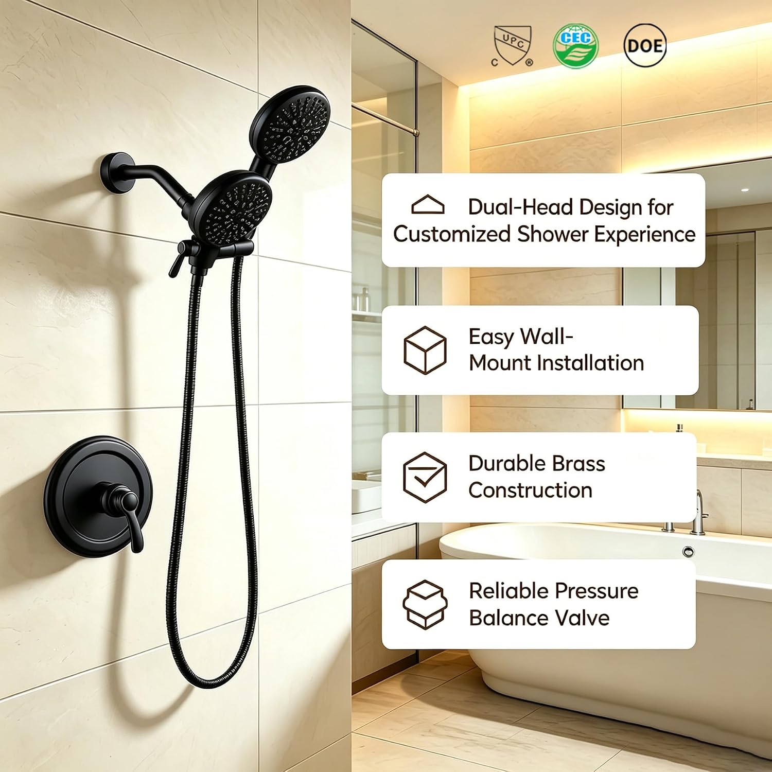 Dual Shower Head with Handheld Bathroom Double Shower Heads High Pressure 3-Way Rainfall Combo with SUS304 Hose 7-Setting Showerhead and Hand Held Shower Separately or Together Matte Black