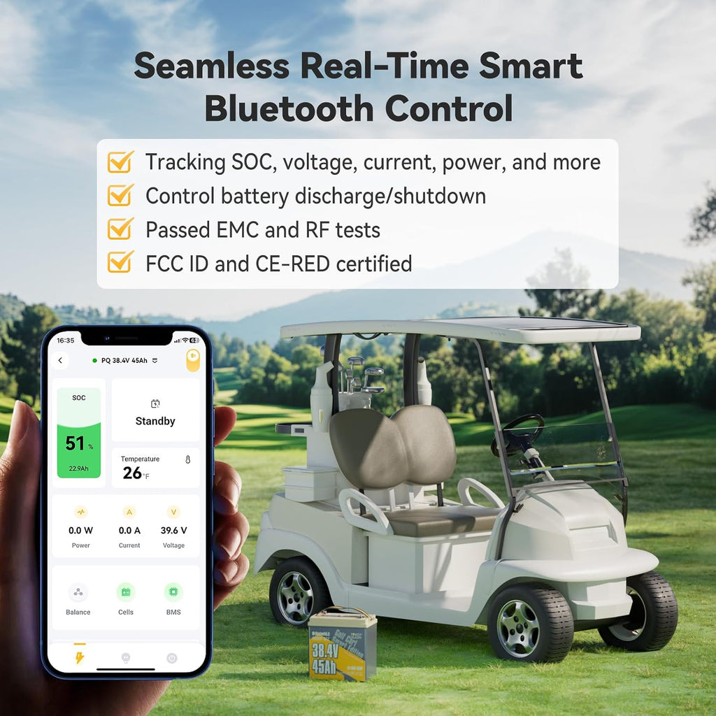 Power Queen 36V 45Ah Golf Cart Lithium Battery,GC2 Size LiFePO4 Battery with Bluetooth & Low-Temp Protection, 90A Smart BMS,Support Up to 2kW Motor,Max 3.45kW Output Power for Golf Carts