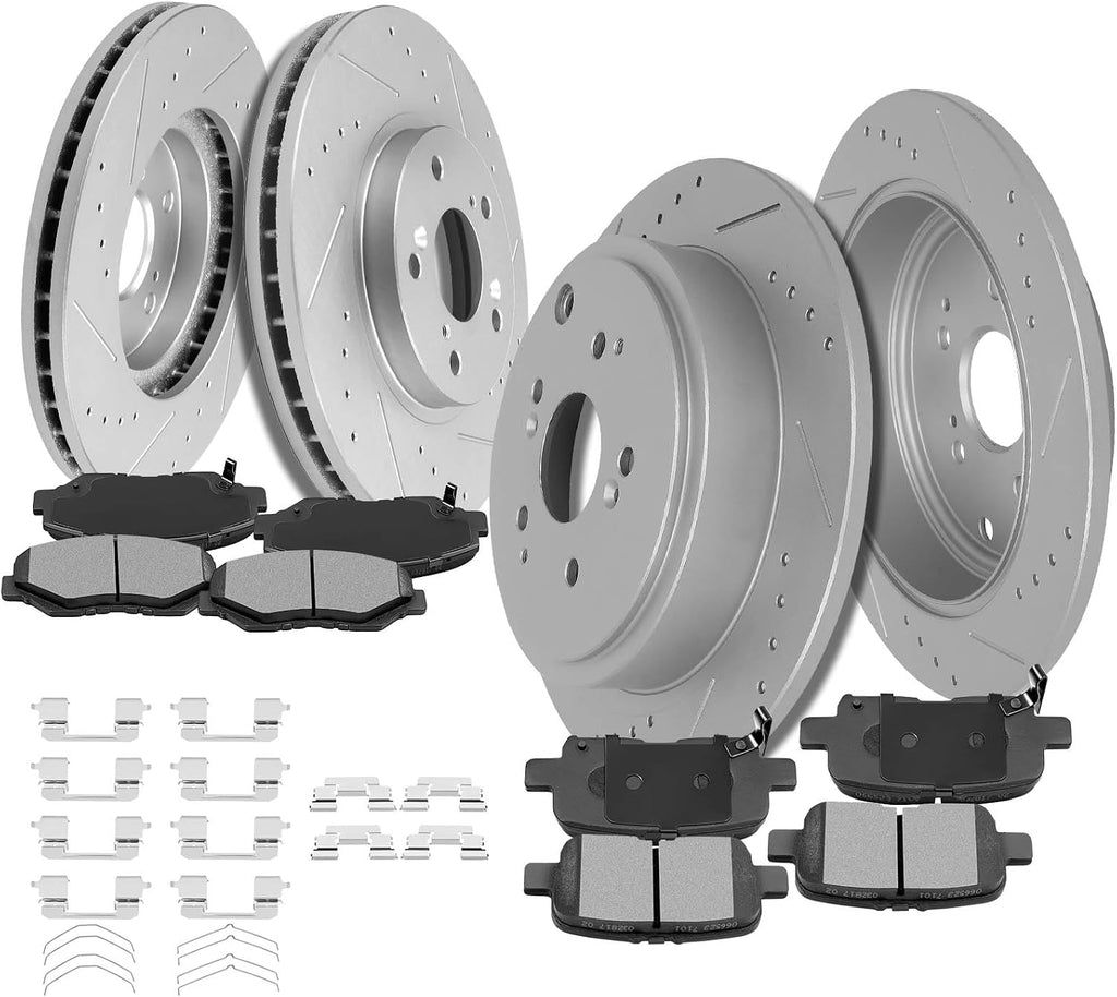 SCITOO Brake Kits (4) Front and Rear Drilled and Slotted Brake Rotors (8) Ceramic Pads for 2003-2008 for Honda Pilot Replacement 11.81' inch Front and 12.32' inch Rear Rotor