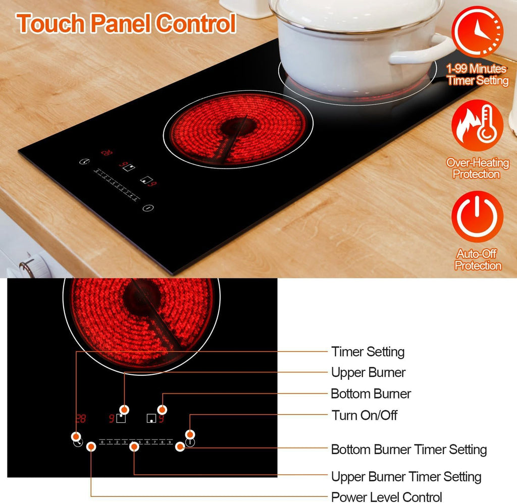 2 Burner Electric Cooktop, 9 Firepower Levels Plug-in Electric Cooktop with Timer Setting, 110V Built-in Electric Ceramic Stove with Over Heating Protection