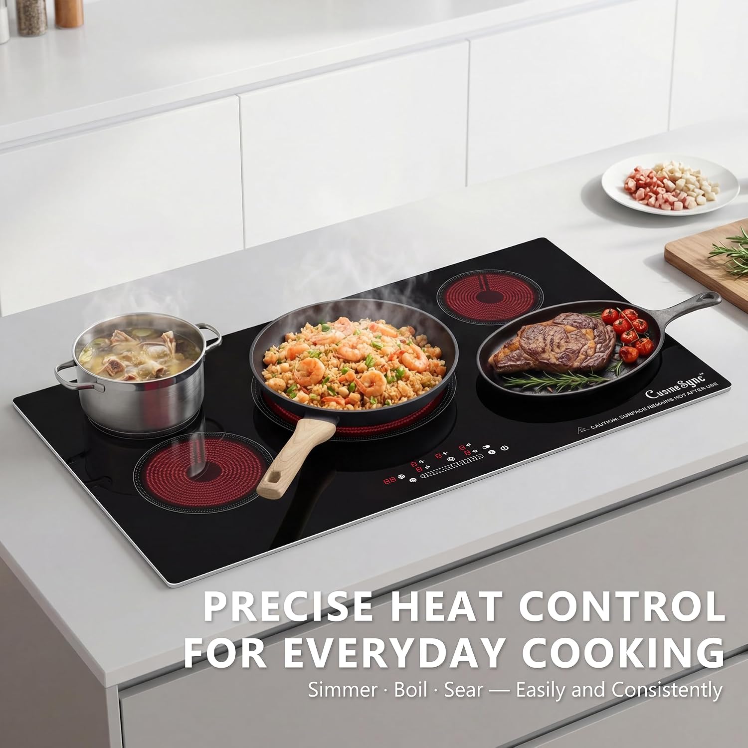 36 Inch Electric Cooktop 5 Burner, Built-In Ceramic Glass Cooktop 220-240V Hardwired, 9200W Radiant Electric Stove Top with Touch Control, 9 Heat Levels, Timer, Safety Lock, Works with All Cookware