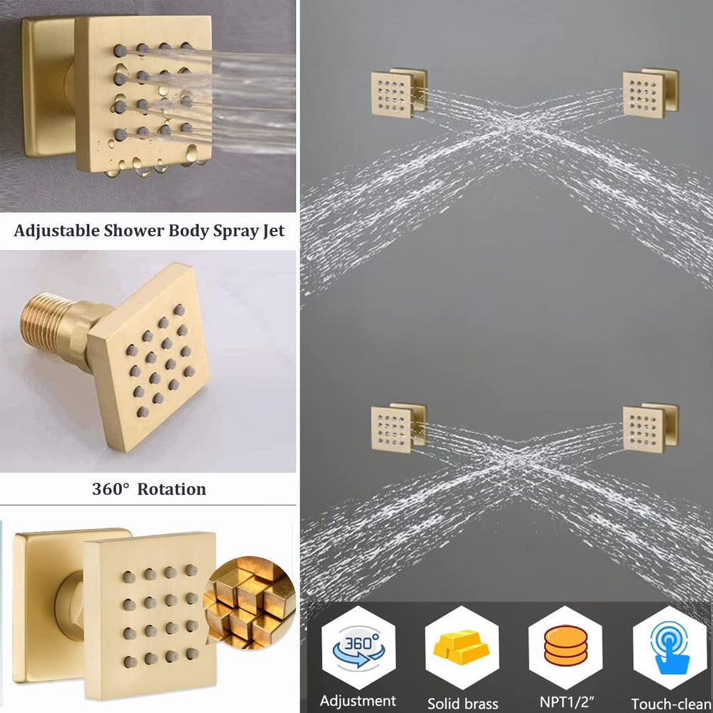 Shower System with Body Jets Brushed Gold Shower Faucet Set 12 Inch Ceiling Mount Rain Shower Faucet Fixture Combo Set Bathroom LED Digital Display Mixer Valve Contain Valve Body and Trim