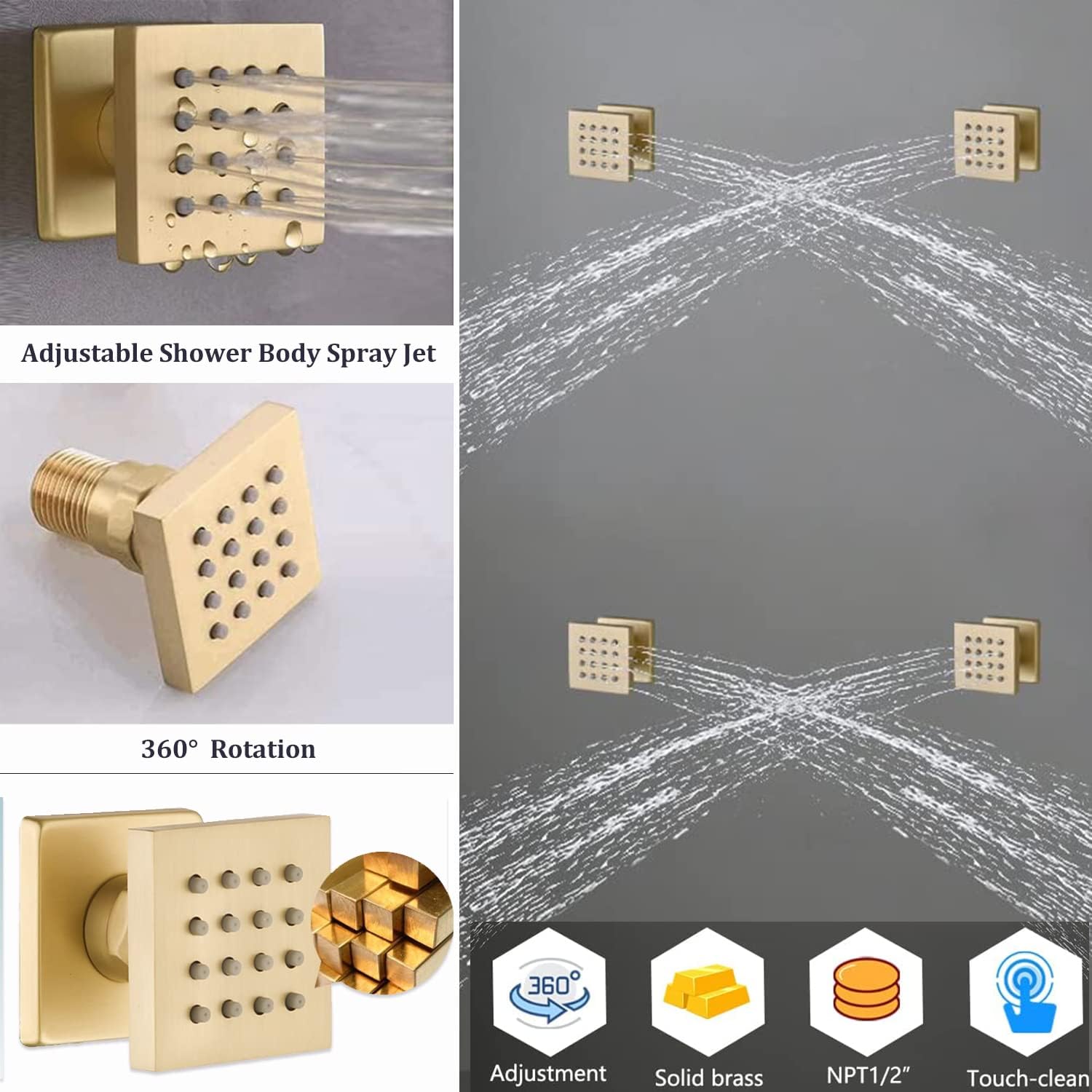 Shower System with Body Jets Brushed Gold Shower Faucet Set 12 Inch Ceiling Mount Rain Shower Faucet Fixture Combo Set Bathroom LED Digital Display Mixer Valve Contain Valve Body and Trim