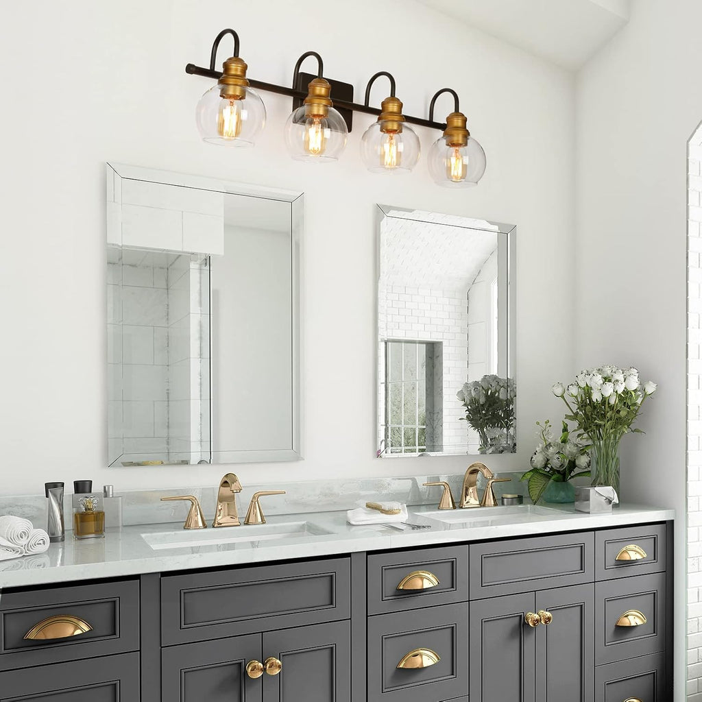 LALUZ Bathroom Vanity Light, 4-Light Black Bathroom Light Fixtures with Oil Rubbed Bronze Finish, Modern Farmhouse Vanity Lights with Clear Globe Glass Shade (L 29.5' x W 7' x H 9')