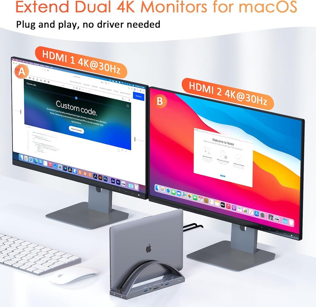 TobenONE MacBook Docking Station Dual 4K Monitor for M1-M5 Pro/Max, 13-in-2 USB C Docking Station with 100W Power Adapter, Laptop Dock Stand with 2 HDMI, VGA, 5 USB, PD 3.0, RJ45, SD/Micro SD, Audio