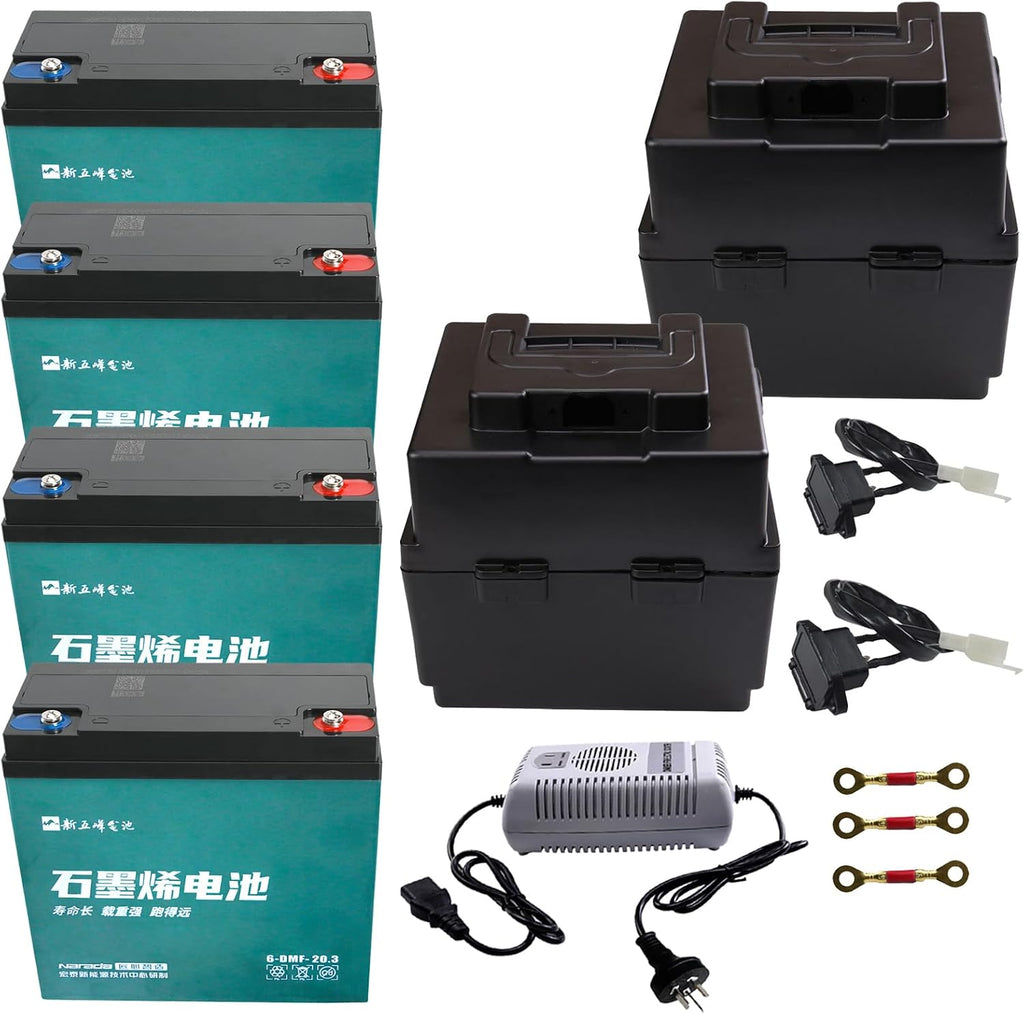 12V 20Ah AGM Sealed Lead Acid Batteries with 48V 2.5A Charging & Storage Box – Universal Powersports Battery Kit for ATV UTV Dirt Bike Go-Kart Golf Cart Tricycle Mini Bike Lawn Mower (4 Pack)