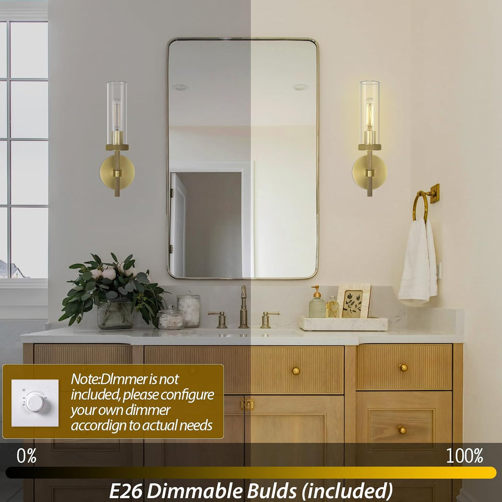 Knurled Brass Wall Sconces Indoors, Glass Tube Sconces Wall Lighting 14', Gold Bathroom Vanity Wall Sconces, Wall Lights For Living Room Bedroom Hallway Kitchen Bathroom Mirror(Including Bulb)