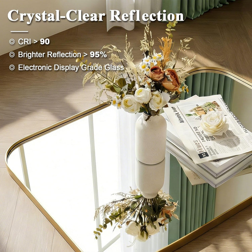 ANDY STAR 36x30 Brushed Gold Brass Bathroom Vanity Mirror, Asymmetrical Soft Arch Rectangle Wall Mirror, Rust-Resistant Stainless Steel Frame, Sleek 1-Inch Depth, for Fireplace Mantel, Living Room