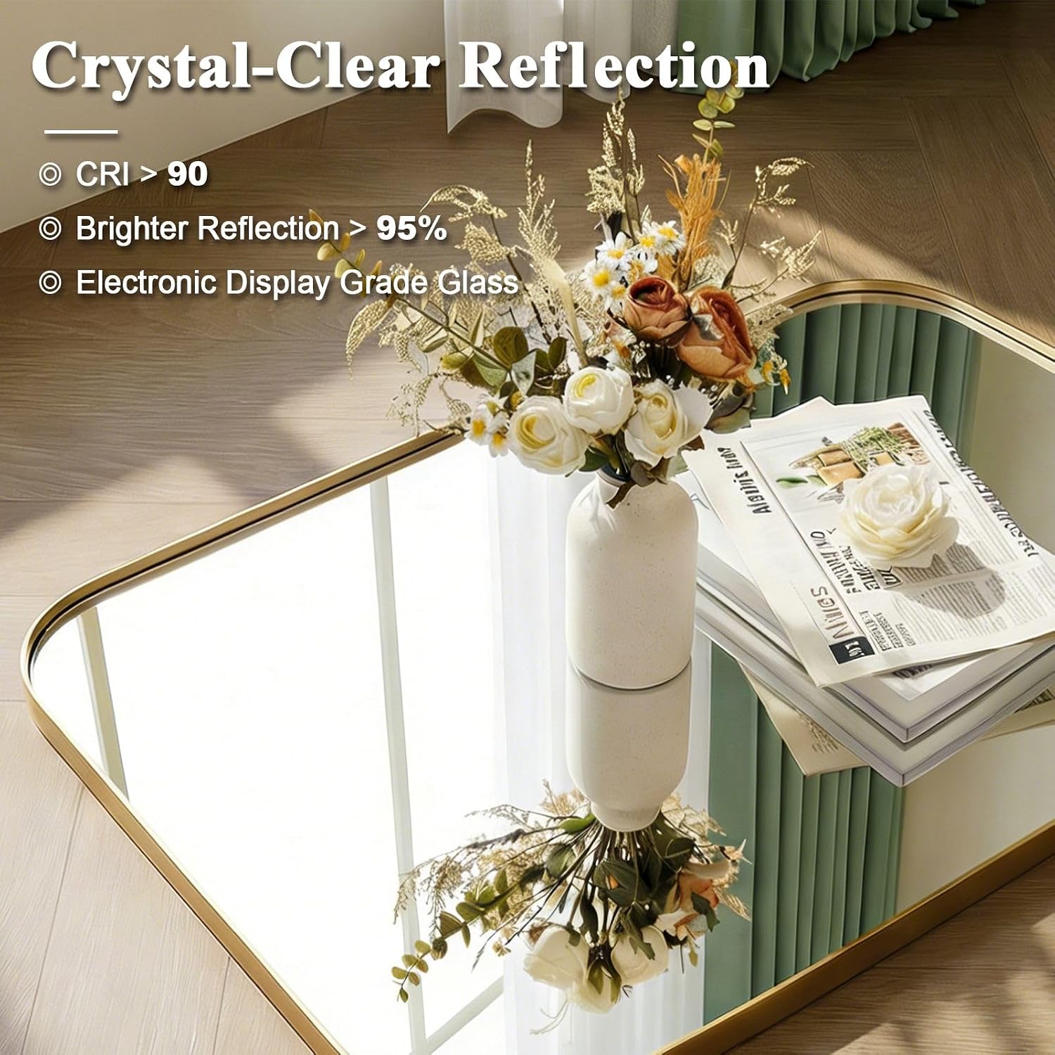ANDY STAR 36x30 Brushed Gold Brass Bathroom Vanity Mirror, Asymmetrical Soft Arch Rectangle Wall Mirror, Rust-Resistant Stainless Steel Frame, Sleek 1-Inch Depth, for Fireplace Mantel, Living Room