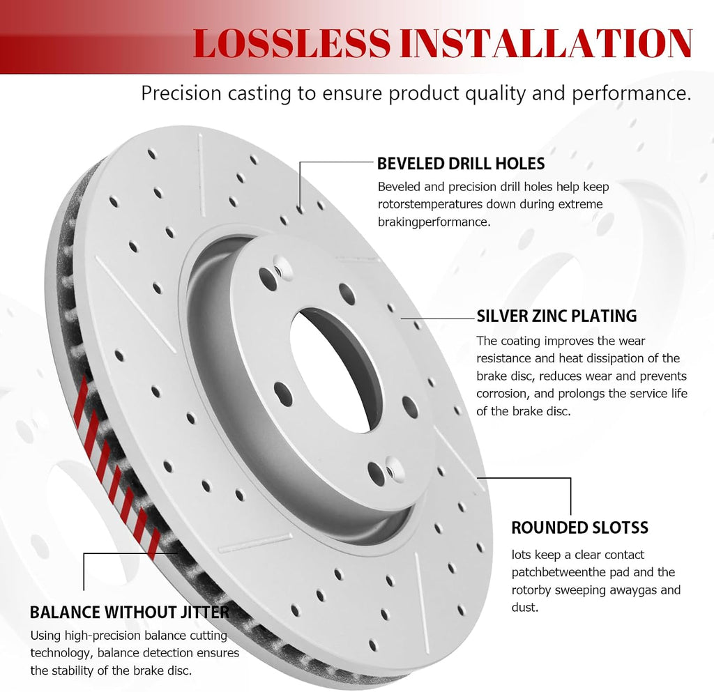 Front & Rear Drilled Slotted Rotors and Ceramic Disc Brake Pads Kit for Chevy Malibu 2016 2017 2018 2019 With Manual Parking Brake