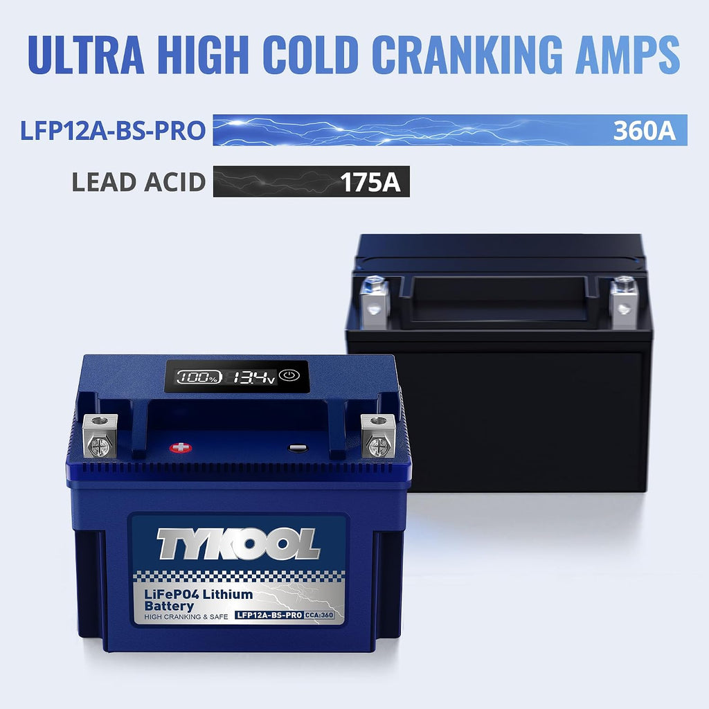 TYKOOL YT12A-BS 360CCA,3X Cranking Amps,5X Life,High Performance LiFePO4 Lithium Motorcycle Battery,Fits for 1000cc Aprillia and Suzuki,Husqvarna 701 Vitpilen,KTM Adventure and Duke